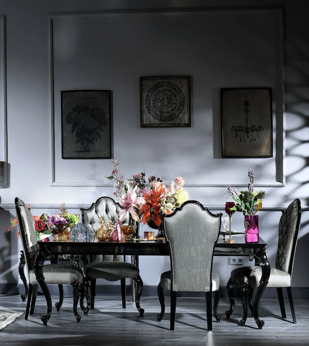 Luxury Baroque Dining Room Set Silver / Gray / Black - 1 Dining Table & 6 Dining Chairs - Dining Room Furniture in Baroque Style - Luxury Quality - Made in Italy