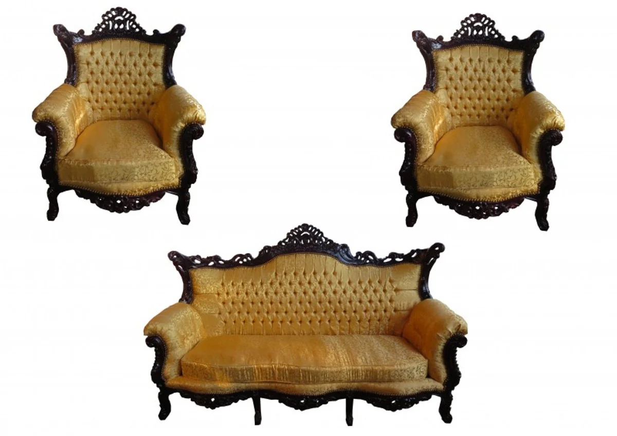 Baroque living room set Master Gold Pattern / Mahogany Brown - 3 seater sofa + 2 armchairs