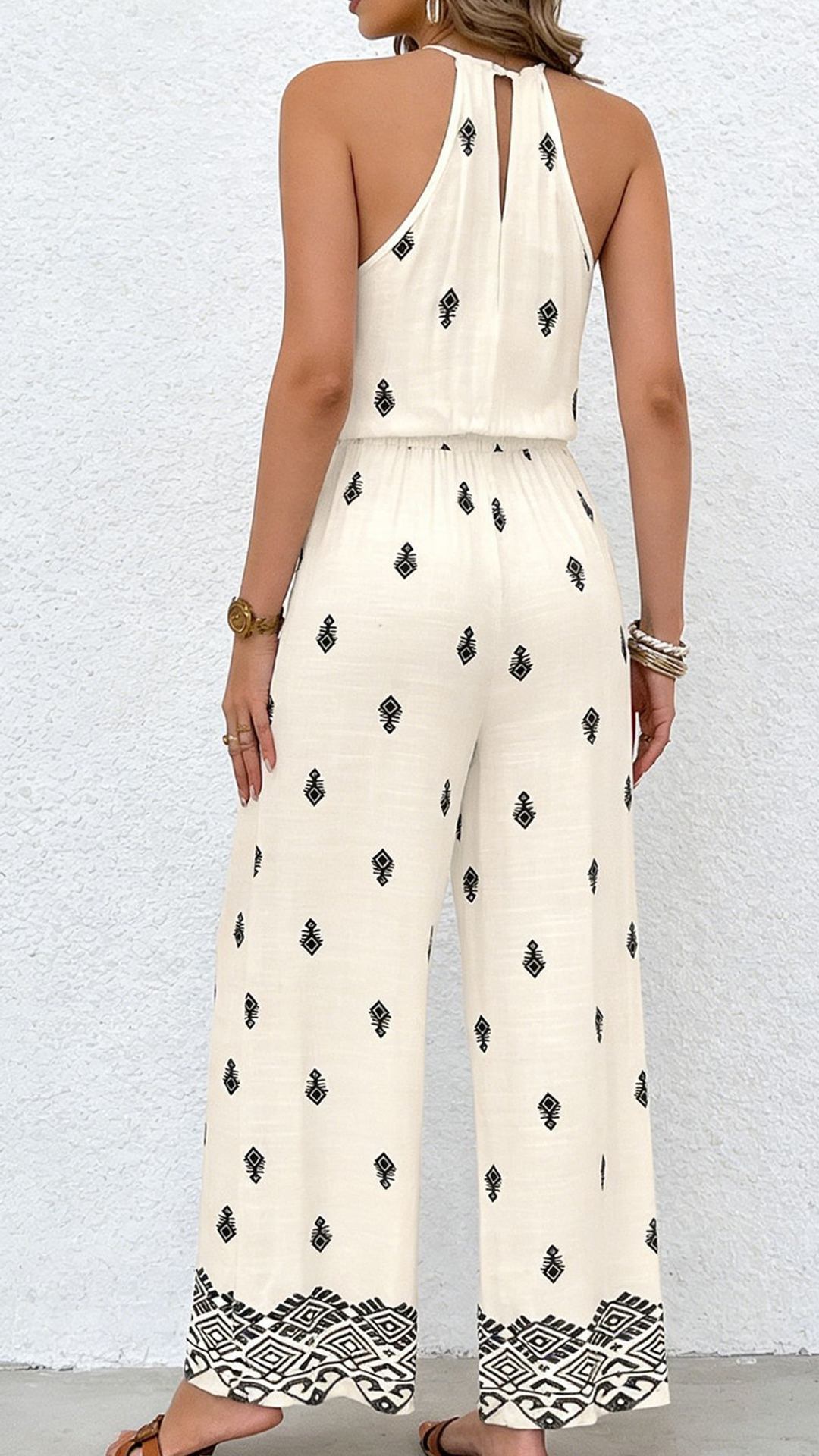 Women's Cotton‑blend Off‑White Ethnic Print Halter Sleeveless Waist‑cinched Jumpsuit - Nordfashionstorm - Women's Clothing, Fashion for You - Nordfashionstorm.com