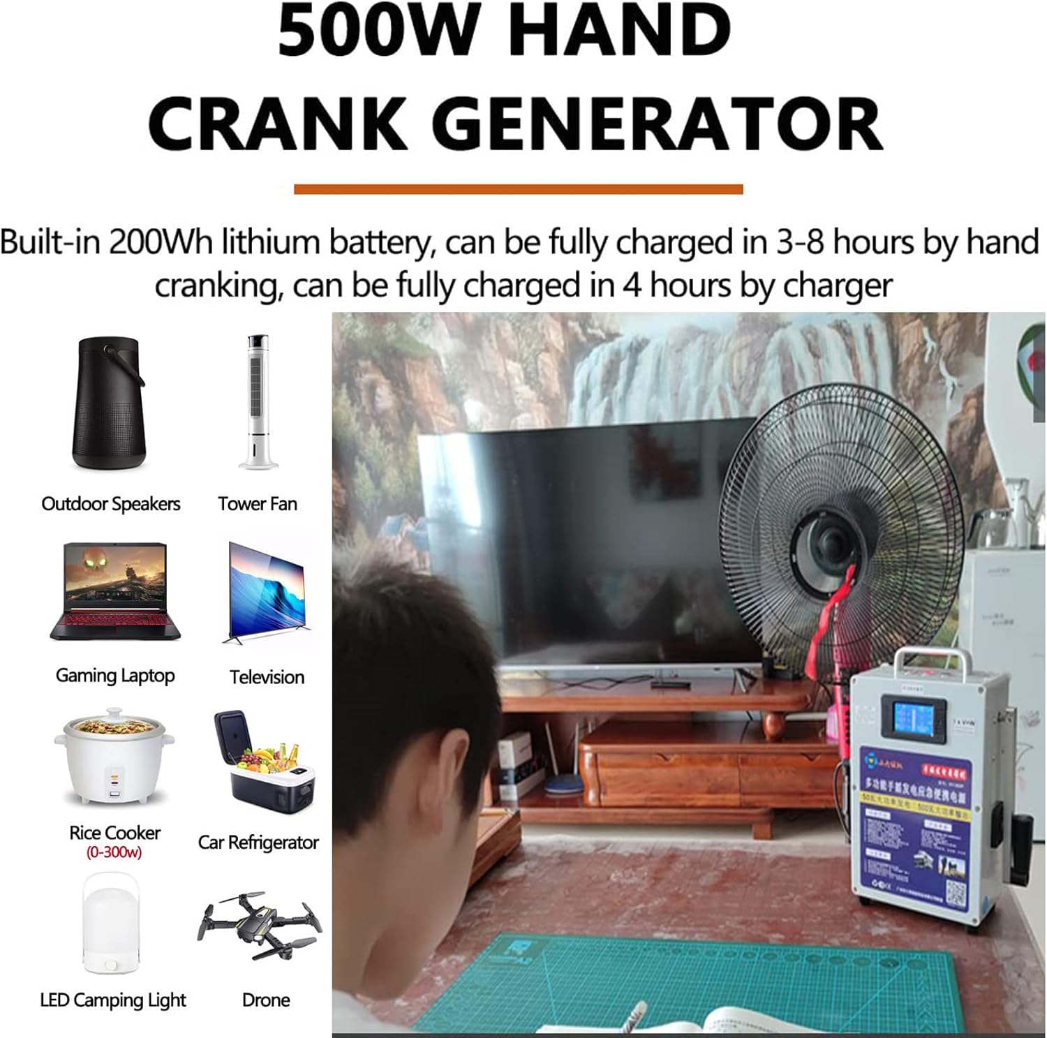 JIANGSSGeneratore Manuale da 150 W / 500 W di Ricarica USB a Mano di Emergenza Portatile, CC a Manovella per Campeggio