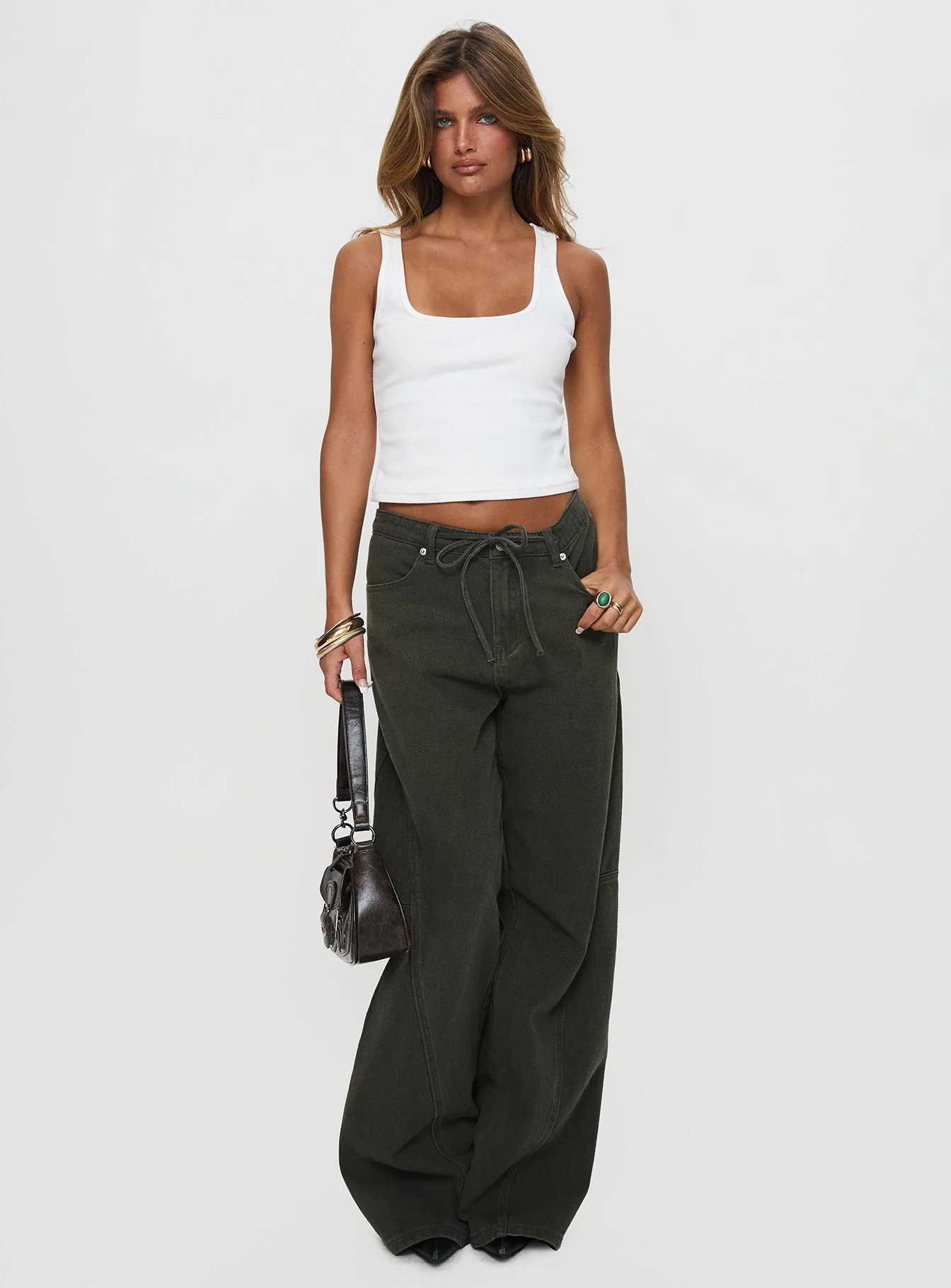 Bruiser Tie Waist Mid Rise Wide Leg Jeans Green