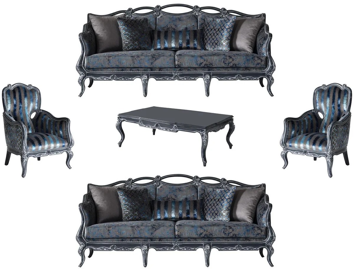 Luxury baroque living room set gray / blue / gray - 2 sofas & 2 armchairs & 1 coffee table - magnificent living room furniture in baroque style