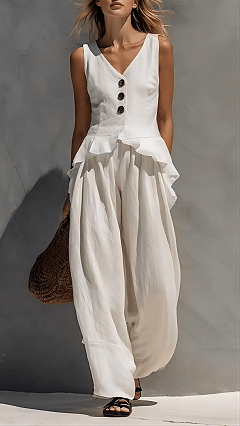 Women's Cotton-Blend White Ruffled Sleeveless Loose Set - Nordfashionstorm - Women's Clothing, Fashion for You - Nordfashionstorm.com