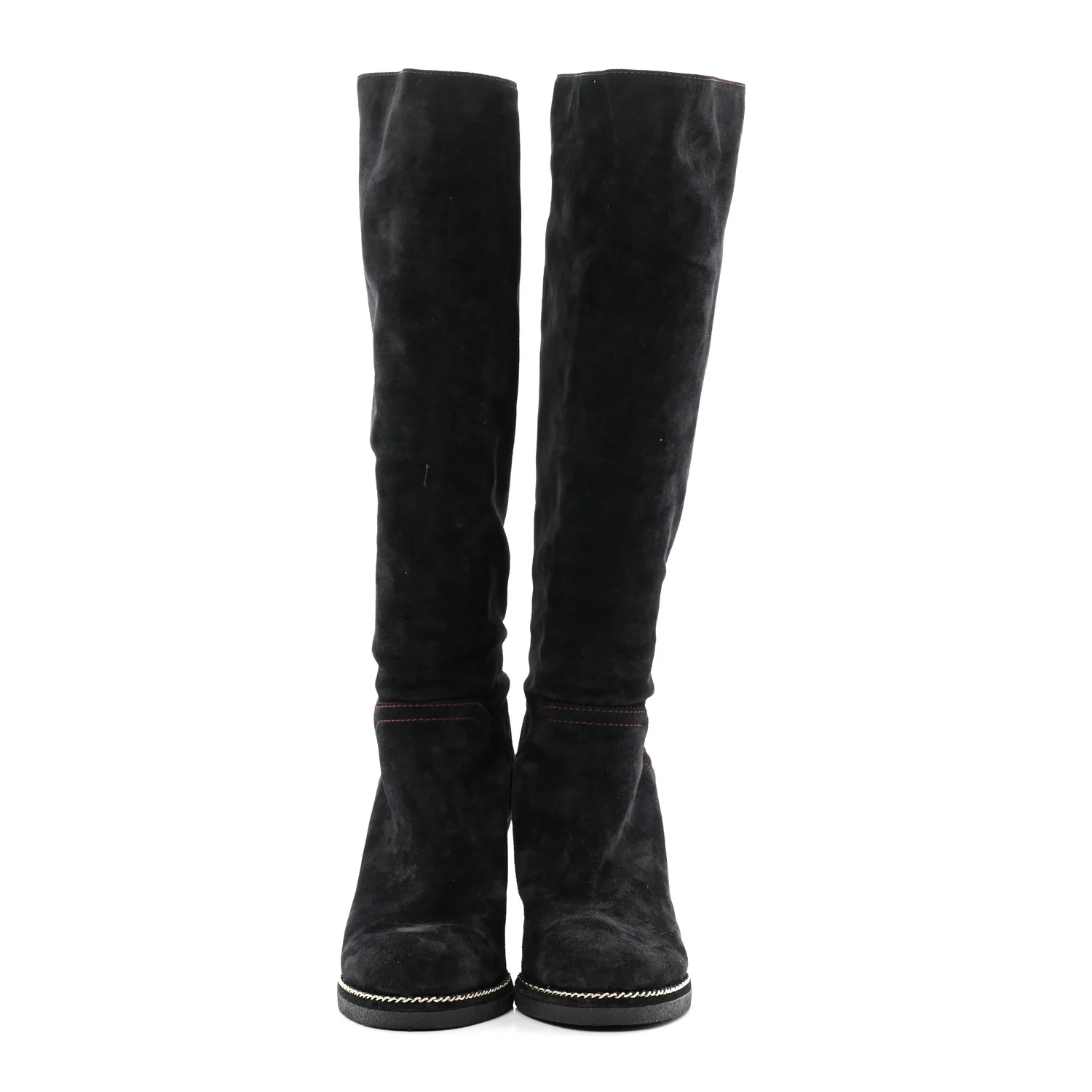 Suede Calfskin Chain Around High Boots 41 Black