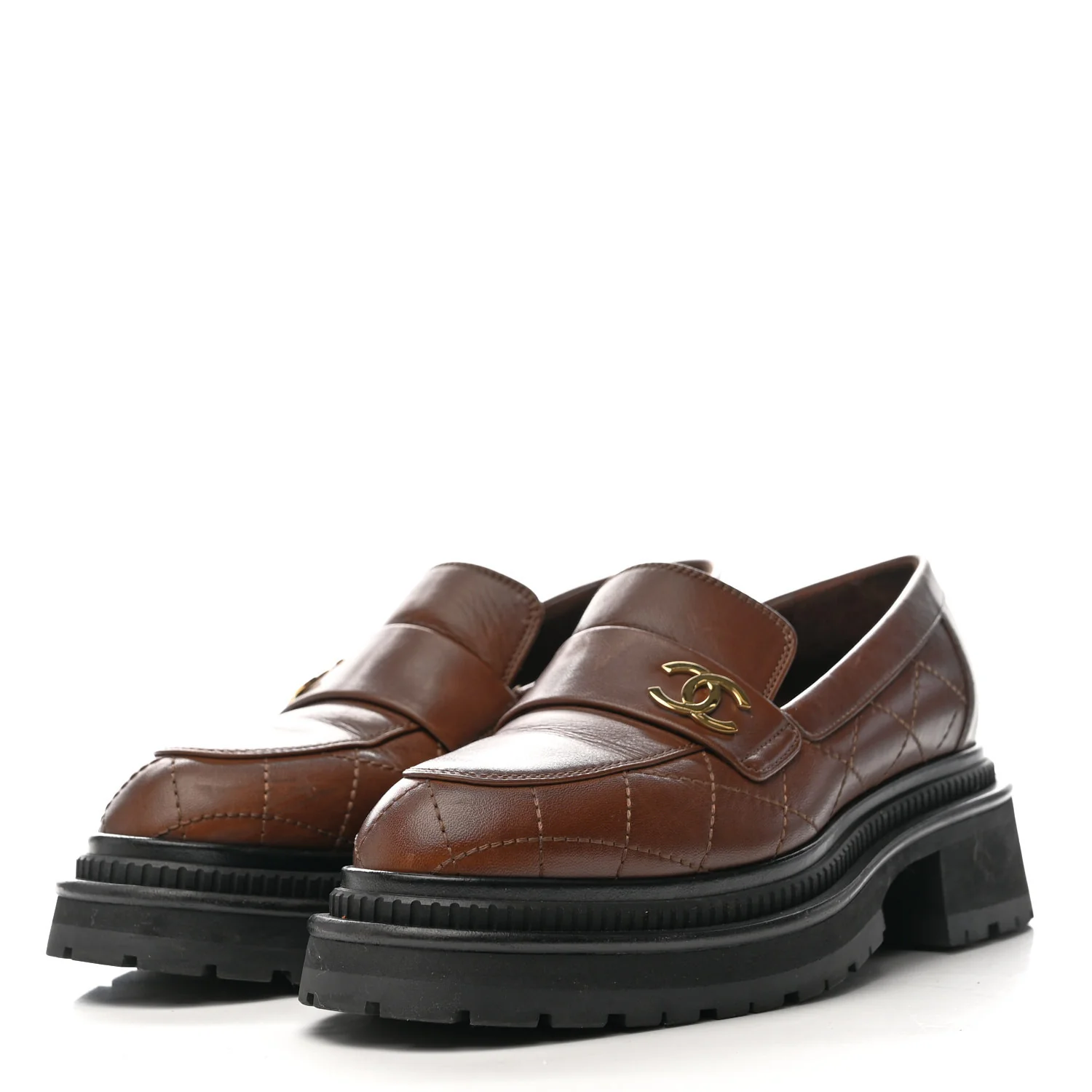 Calfskin Quilted CC Mocassin Loafers 36 Brown - Top Club