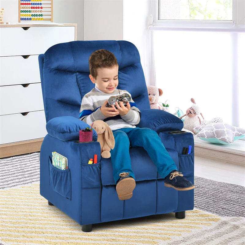 Kids Recliner Chair Adjustable Velvet Lounge Sofa with Cup Holders, 3 Pockets, Retractable Footrest, Toddler Furniture Sofa for Boys Girls Room