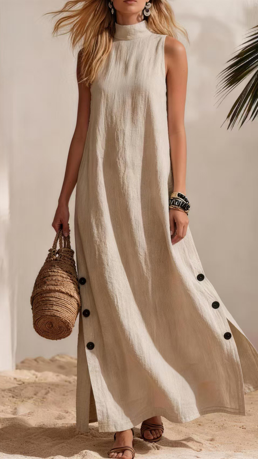 Women's Cotton-Blend High-Neck Sleeveless Slit Maxi Dress - Nordfashionstorm - Women's Clothing, Fashion for You - Nordfashionstorm.com