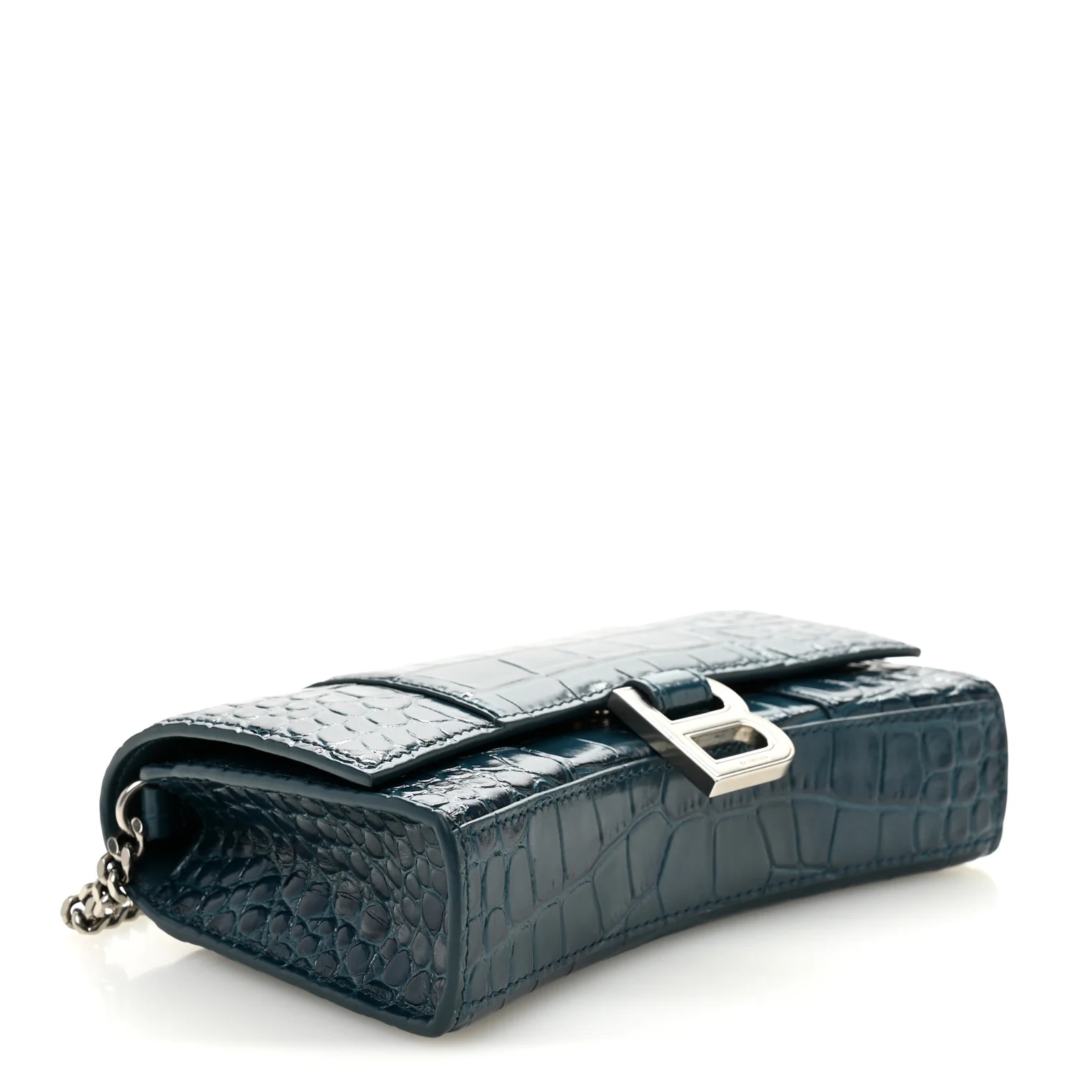 Shiny Calfskin Crocodile Embossed Hourglass Chain Bag Dark Petrol Blue - Top Club