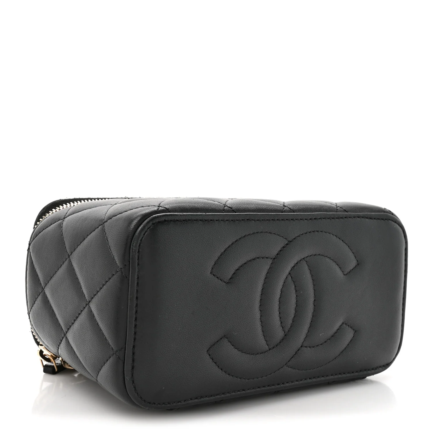 Lambskin Quilted Small Top Handle Vanity Case With Chain Black - Top Club