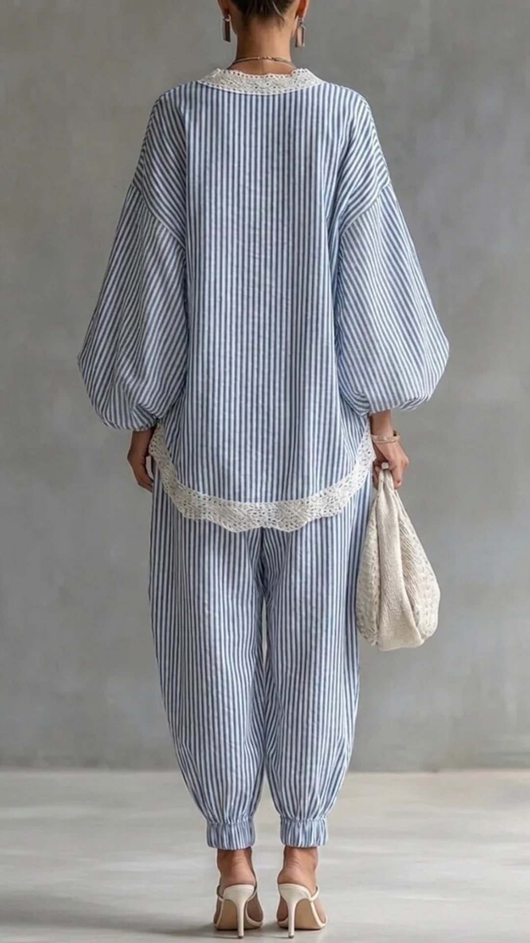 Women's Cotton-Blend Lace Trim Striped Wide-Leg Pants Set - Nordfashionstorm - Women's Clothing, Fashion for You - Nordfashionstorm.com