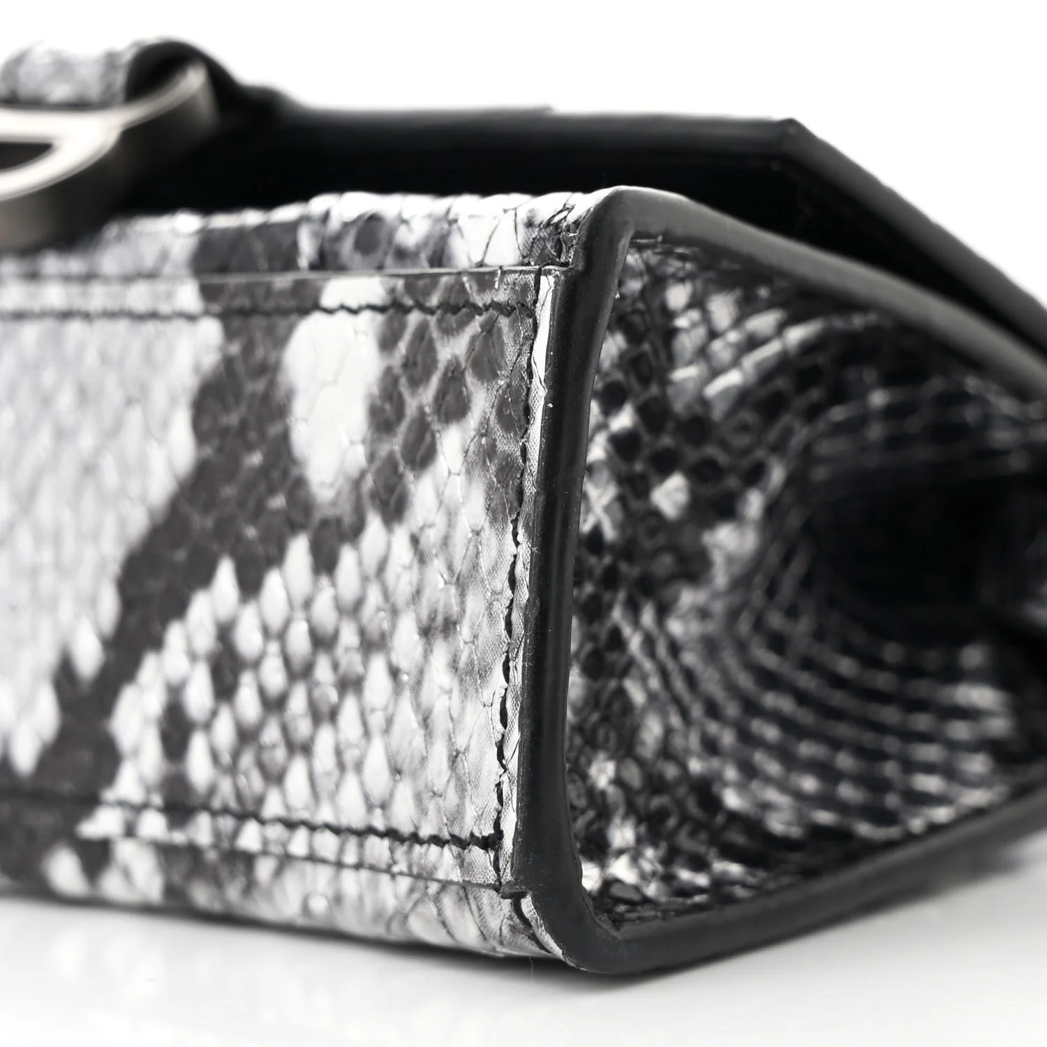 Shiny Calfskin Snakeskin Effect Hourglass Top Handle Bag Mini Silver Black - Top Club