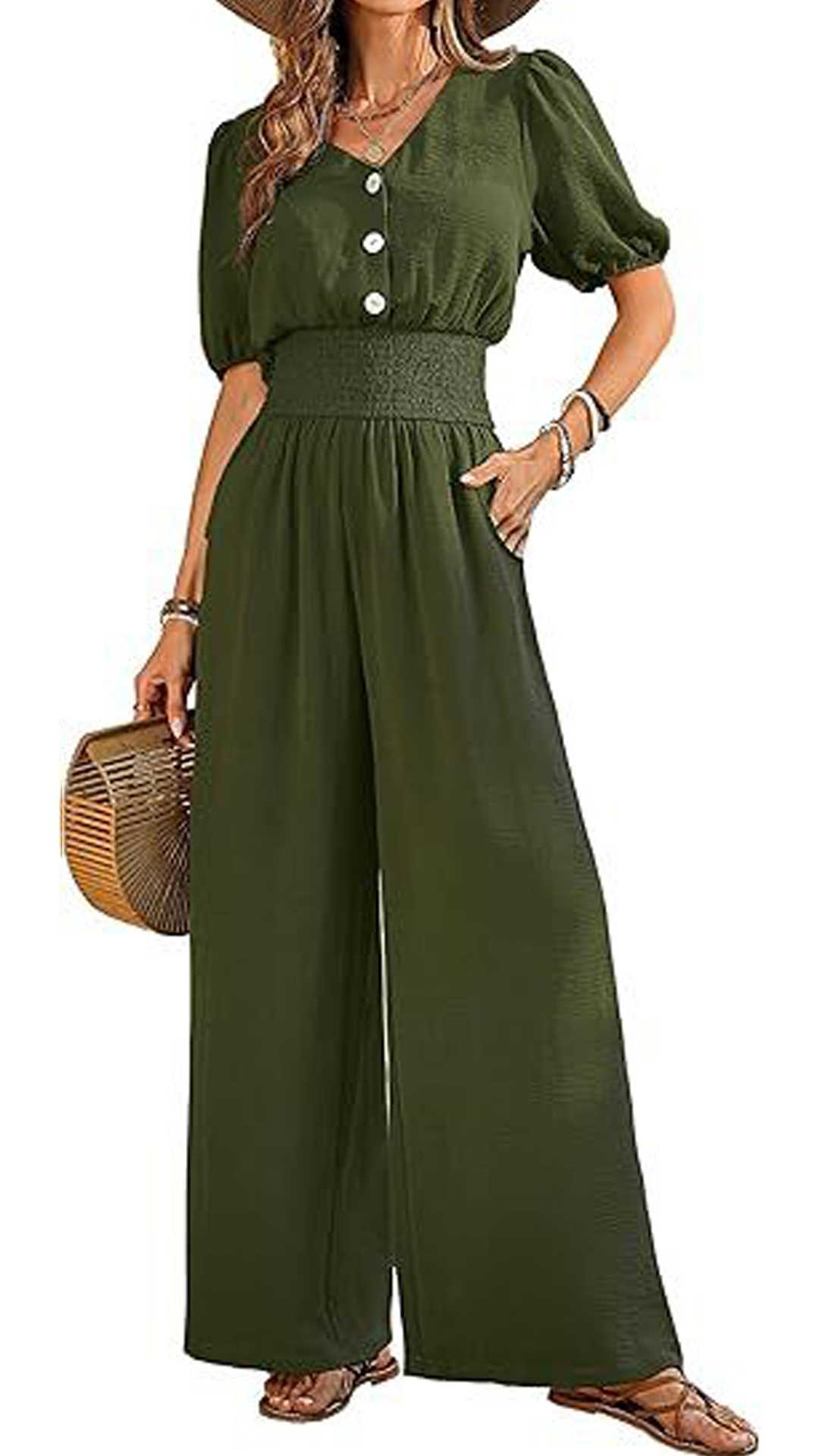 Women's V-Neck Jumpsuit with Puff Sleeves, Cinched Waist, and Wide Legs - Nordfashionstorm - Women's Clothing, Fashion for You - Nordfashionstorm.com