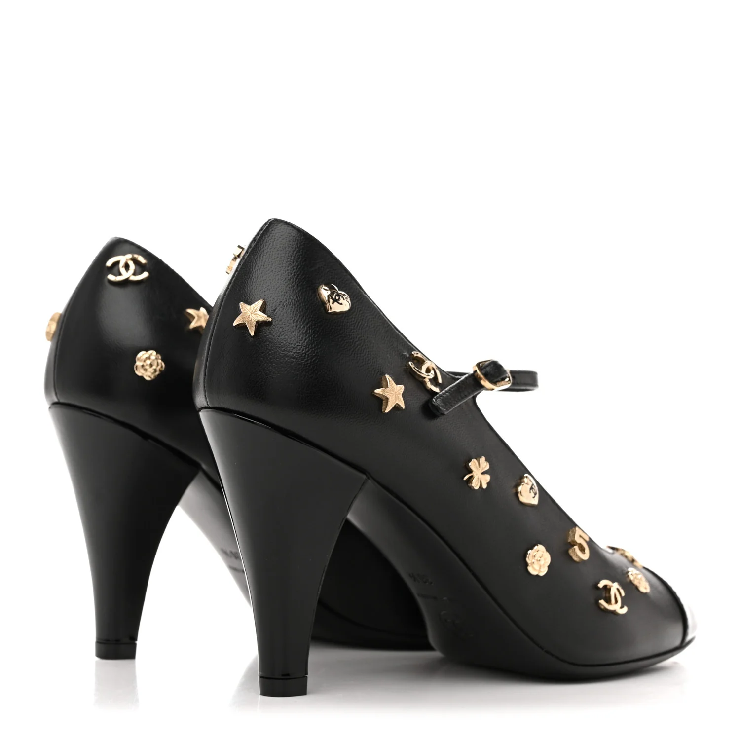 Lambskin Patent Cap Toe Charms Mary Jane Pumps 36.5 Black - Top Club