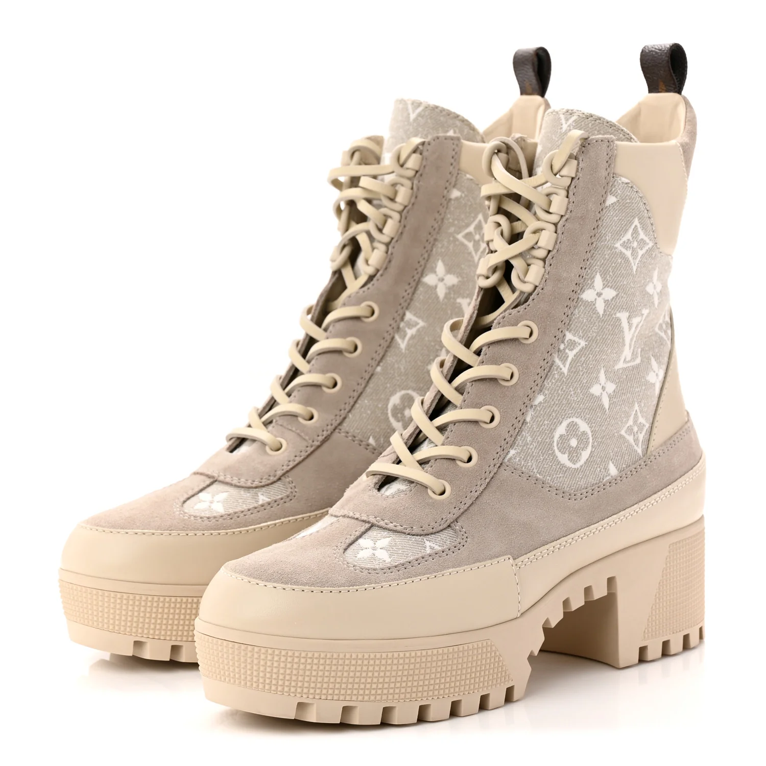 Suede Calfskin Monogram Denim Laureate Platform Desert Boots 38.5 Taupe - Top Club