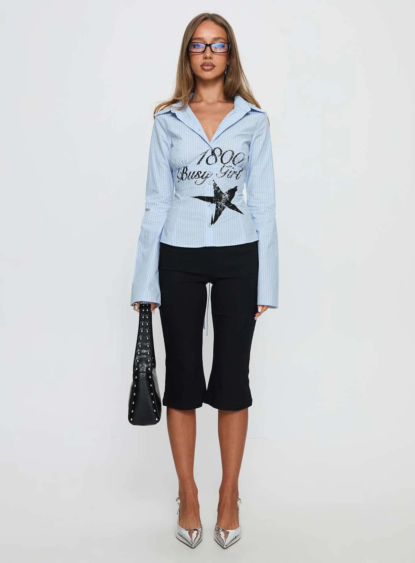 Busy Girl Long Sleeve Collared Top Blue Stripe