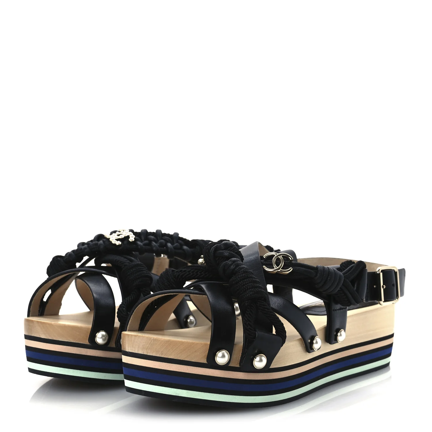 Calfskin Cord Pearl CC Sandals 38 Black - Top Club