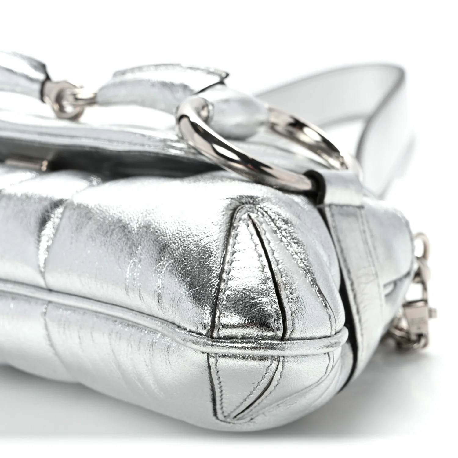 Metallic Nappa Vertical Matelasse Small Maxi Horsebit Chain Shoulder Bag Silver - Top Club