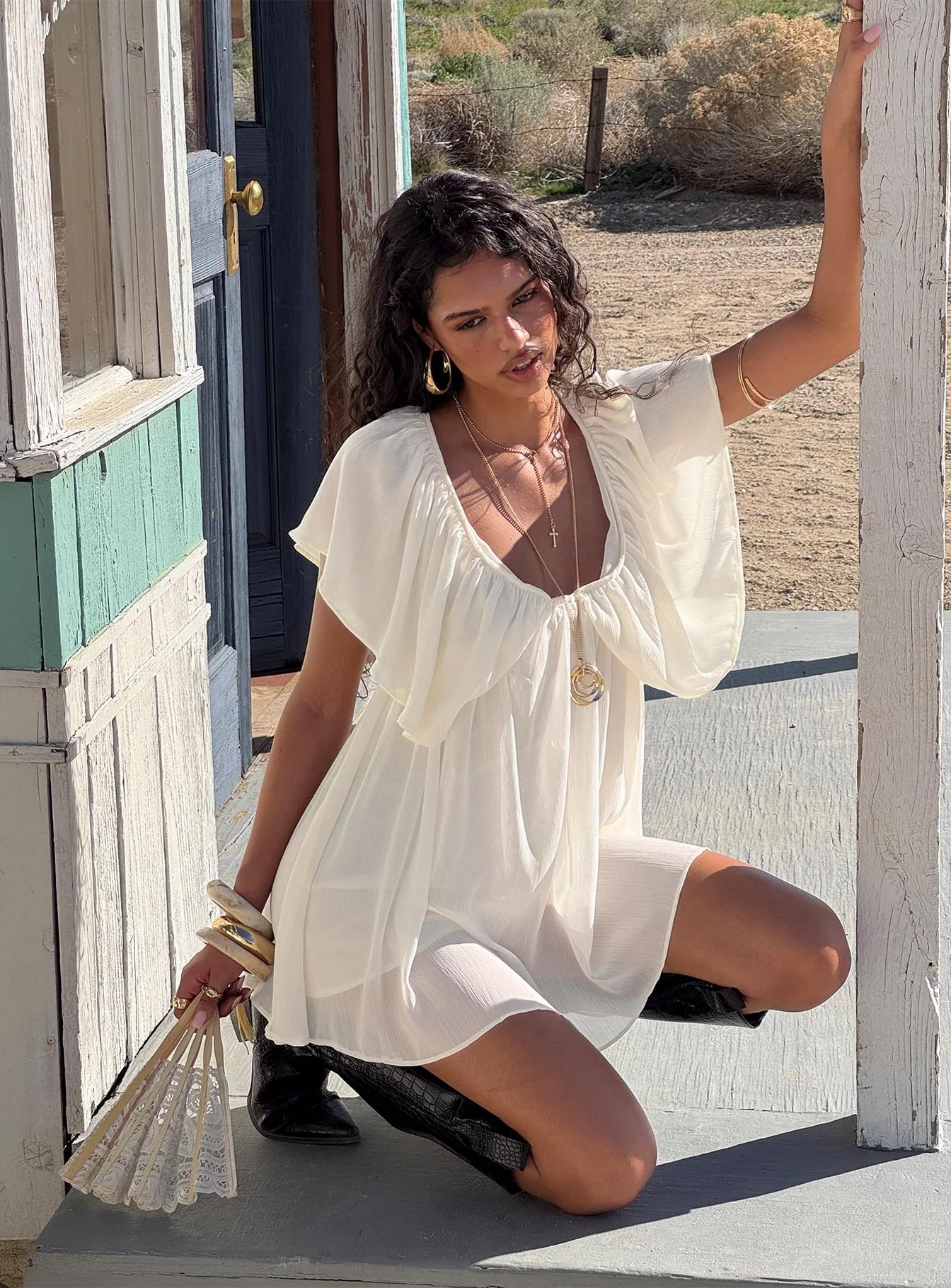 Sun Spirit Plunge Flowy Playsuit Cream