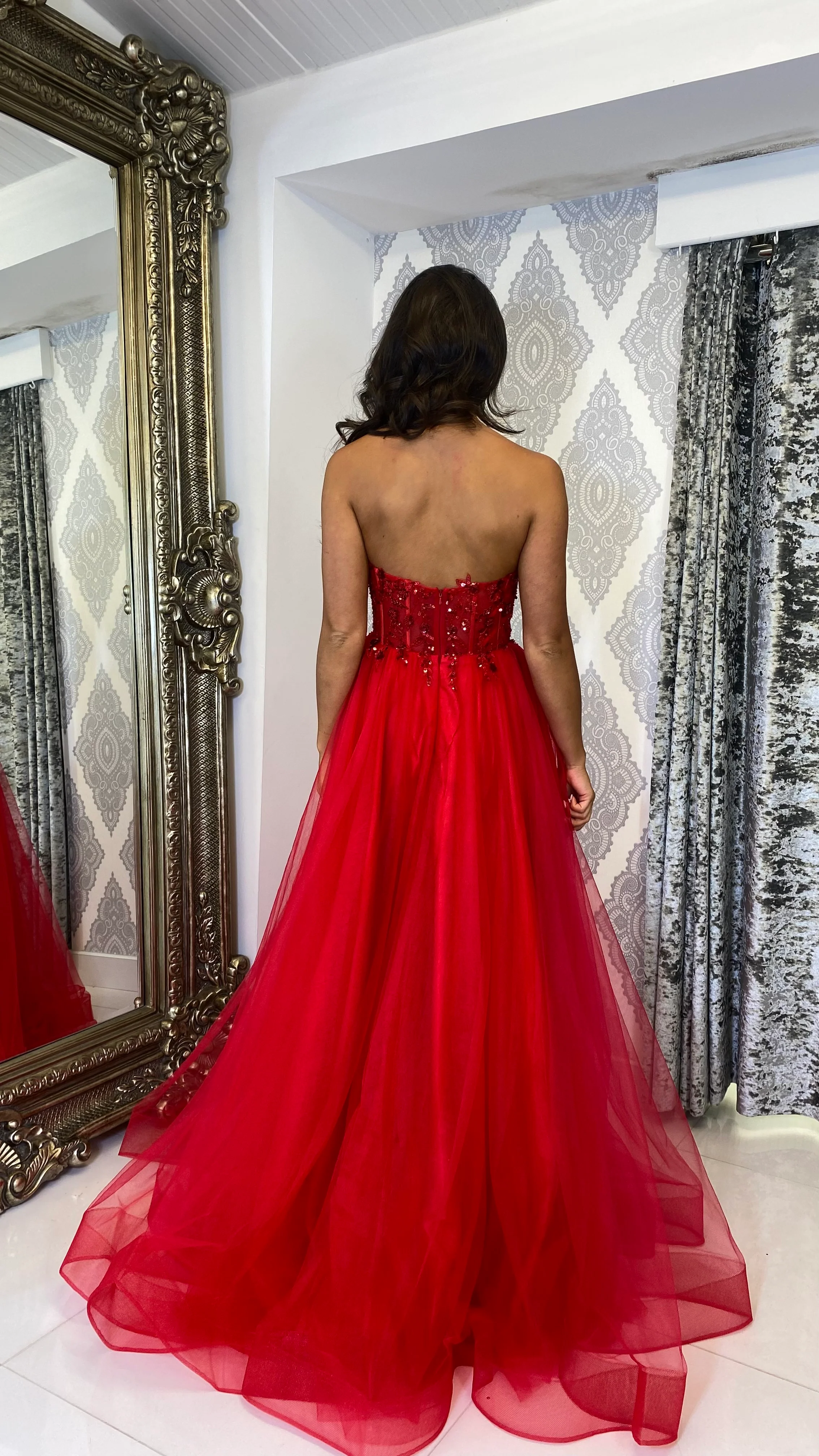 Red Strapless Ball Gown