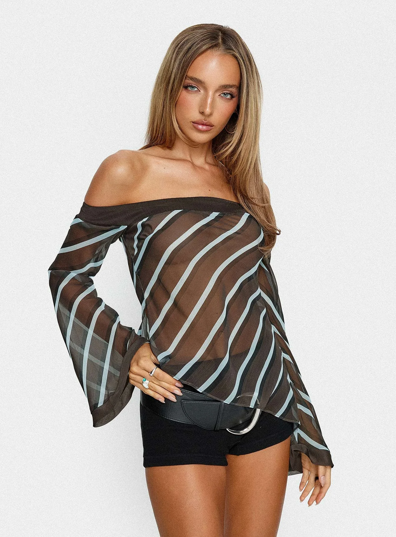 Trinkie Long Sleeve Off Shoulder Chiffon Top Navy Stripe