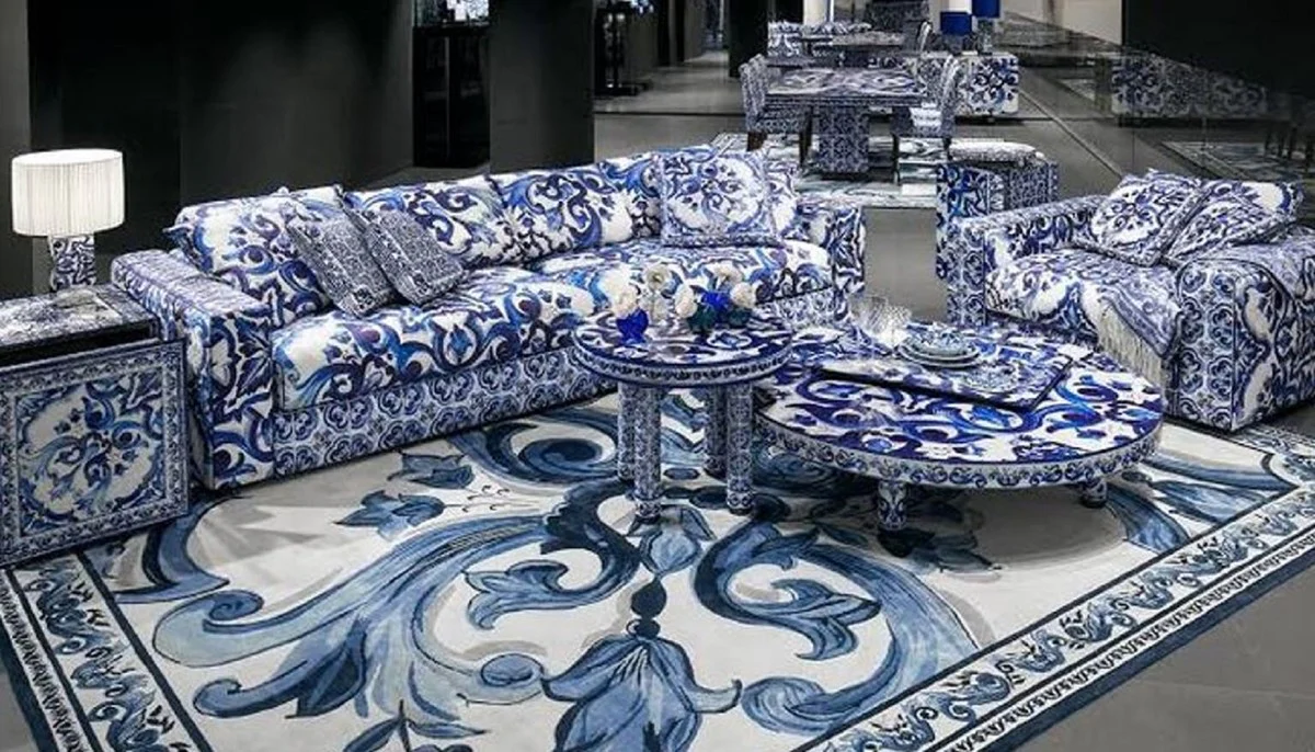 Luxury Baroque Living Room Wool Rug White / Blue - Various Sizes