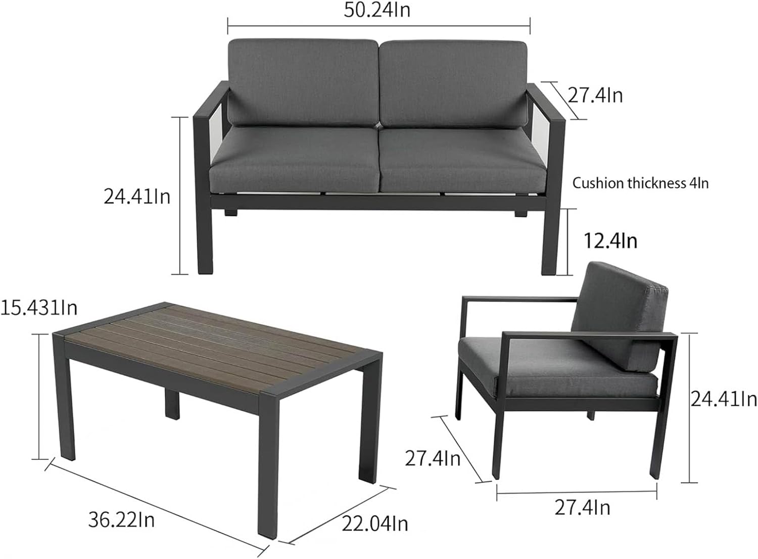 Aluminum Patio Furniture Set, 4 Pieces Modern Patio Conversation Sets, Outdoor Sectional Metal Sofa with Coffee Table for Balcony, Garden, Hotel, Black