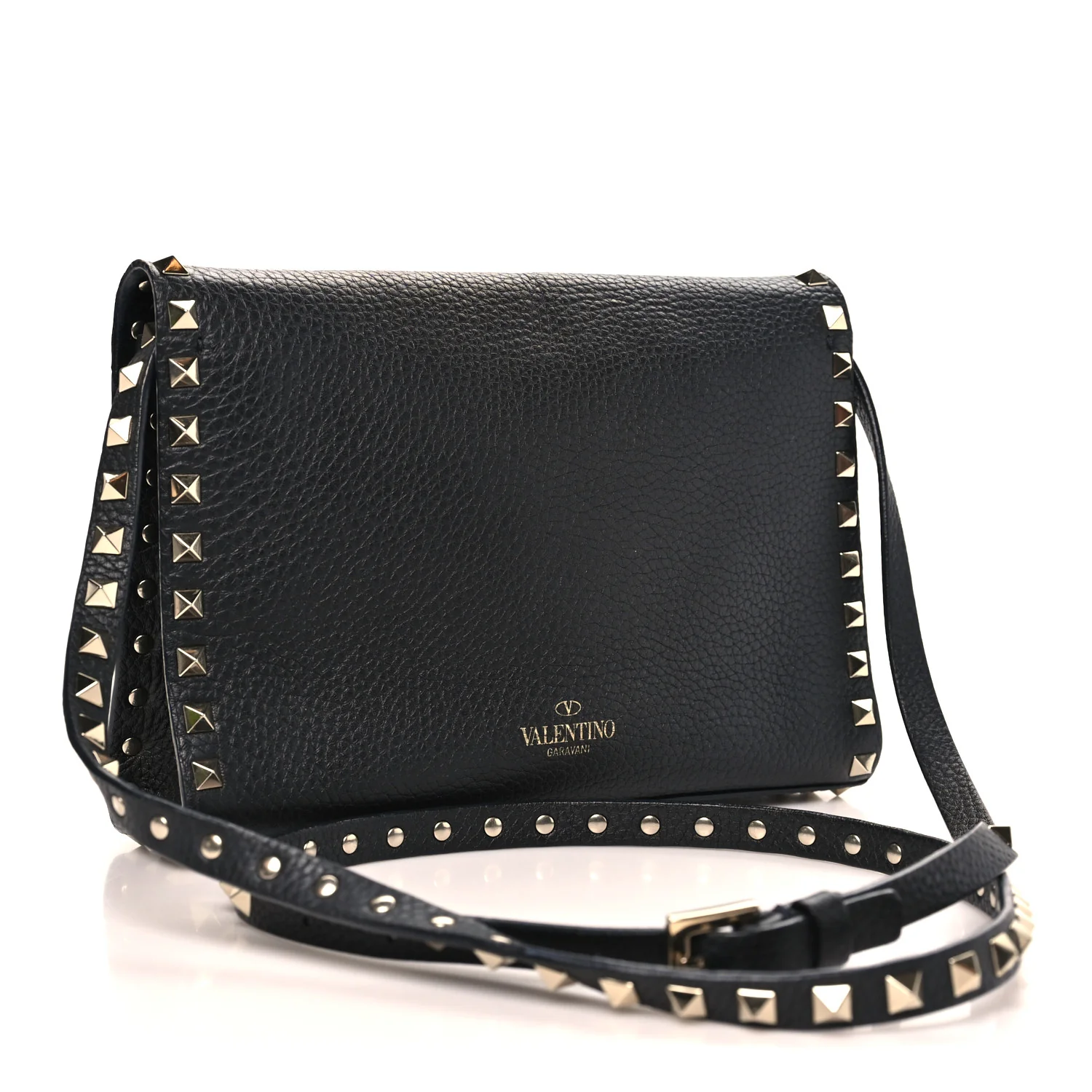 Pebbled Calfskin Medium Rockstud Flip Lock Crossbody Bag Black