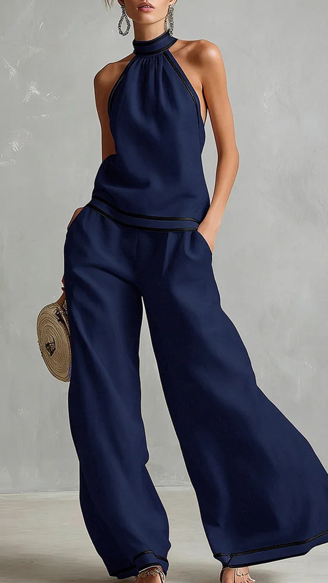Women's Cotton-Blend Light Blue Halter Contrast Trim Wide-Leg Pants Set - Nordfashionstorm - Women's Clothing, Fashion for You - Nordfashionstorm.com