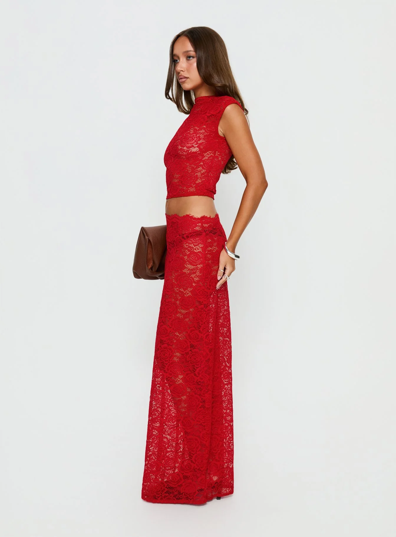 Vionna Lace Maxi Skirt Red