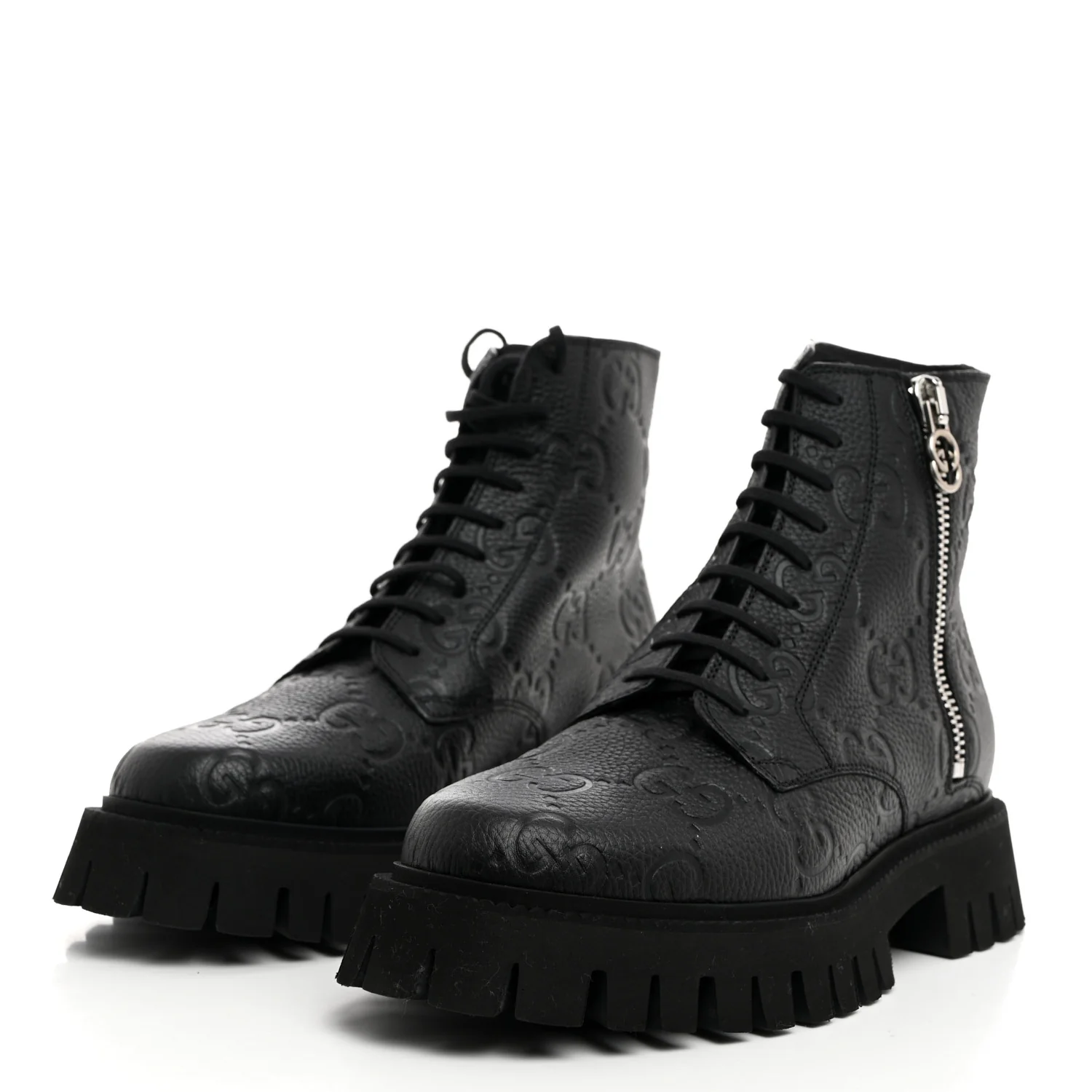 Calfskin Embossed Monogram Lace Up Ankle Boots 8 Black - Top Club