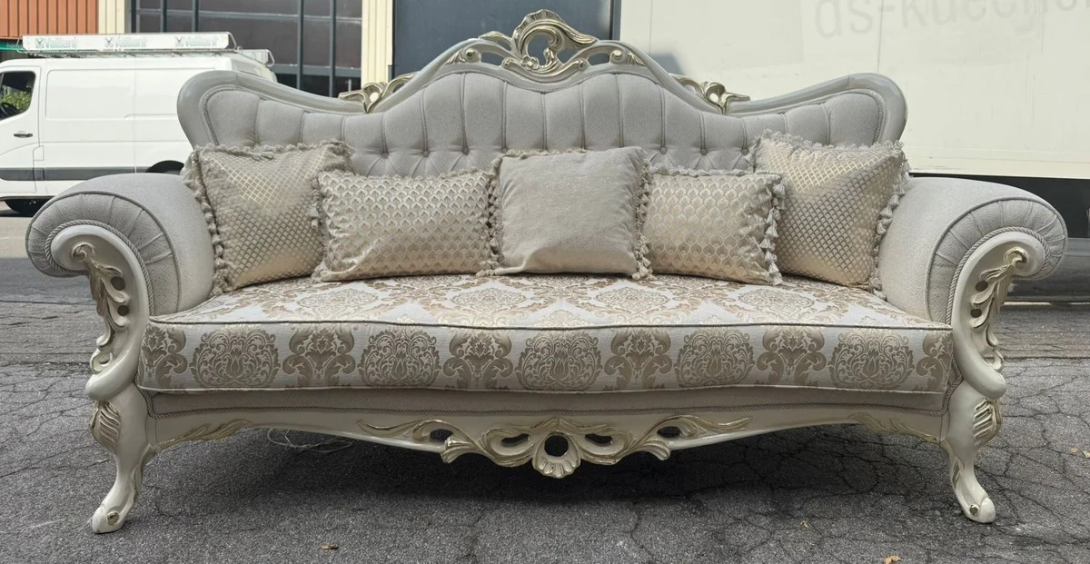 Luxury Baroque Sofa with Cushions Gray / Gold 240 cm - Baroque Furniture