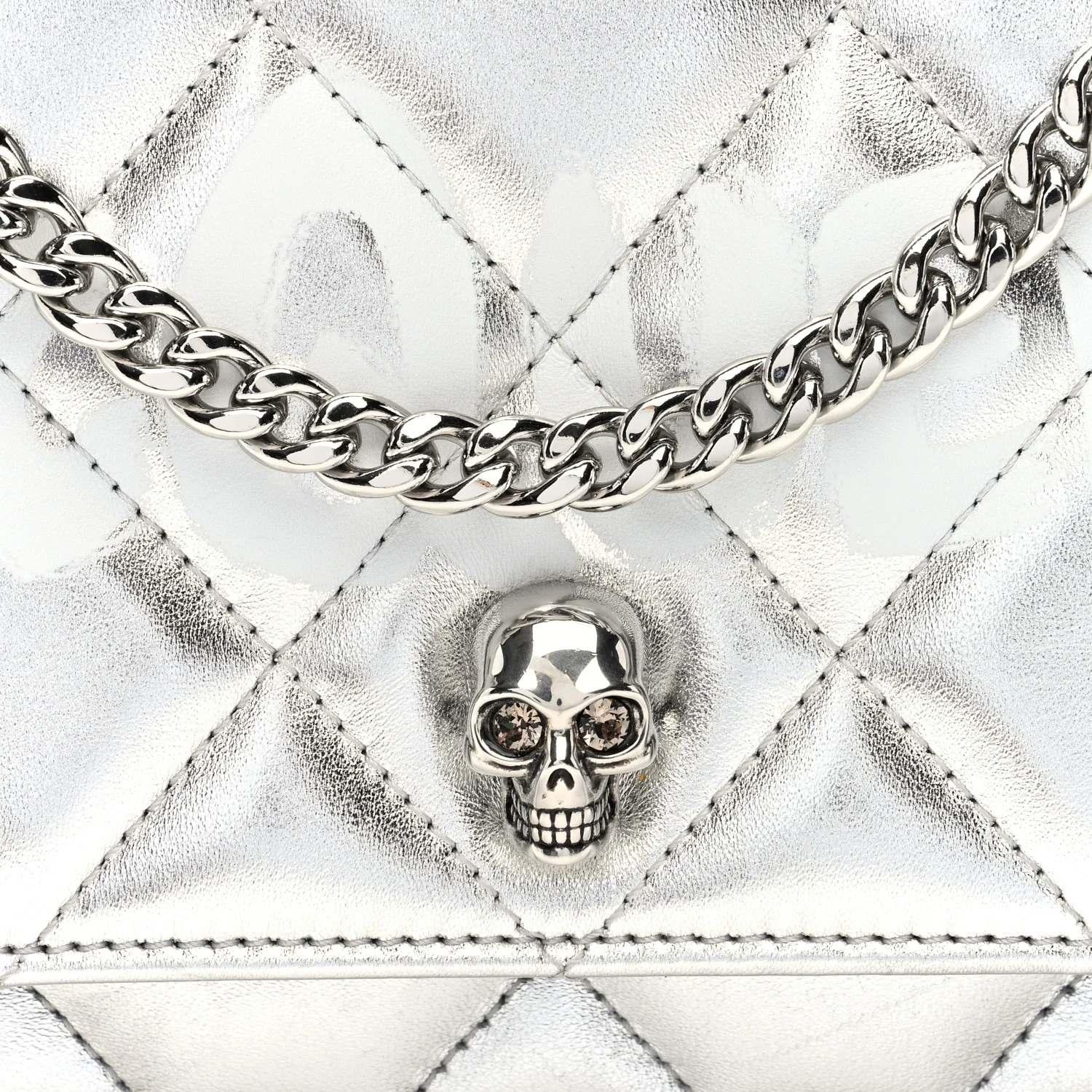 Metallic Calfskin Quilted Graffiti Skull Small Chain Crossbody Bag Silver - Top Club