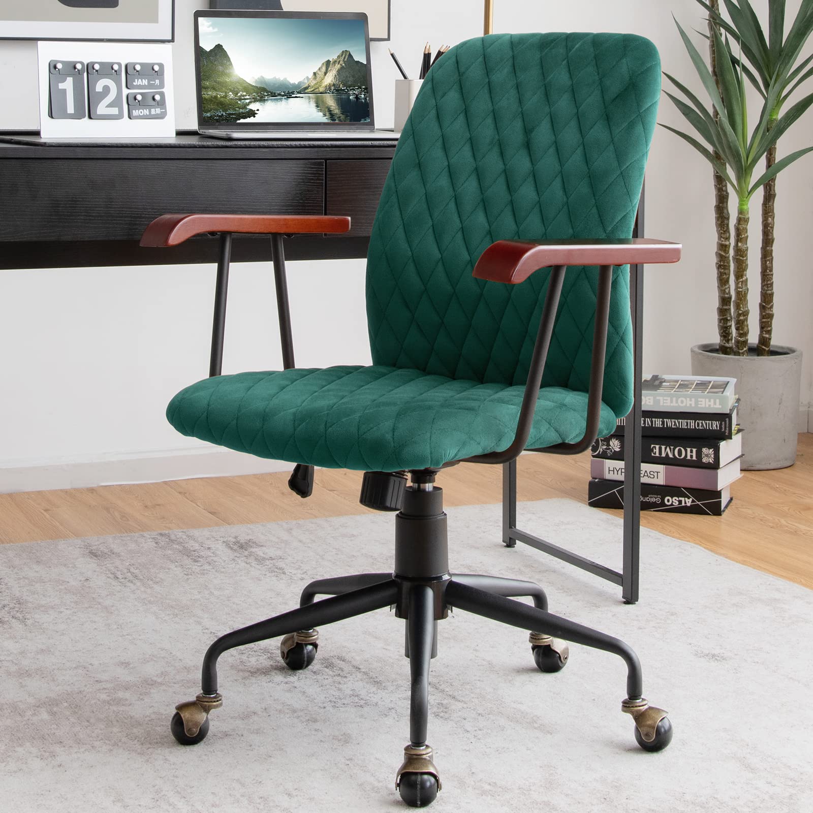 BEFOUNDLOVELY Home Office Desk Chair, Vintage Adjustable Swivel Rolling Chair with Copper Wheels & Armrest