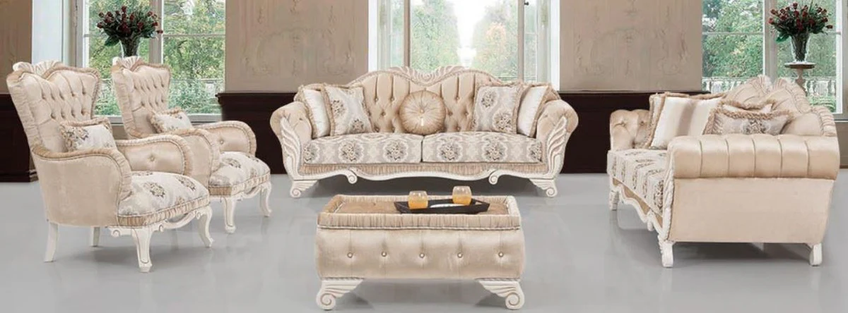Luxury Baroque Living Room Set Beige / White - 2 Sofas & 2 Armchairs & 1 Stool - Living Room Furniture in Baroque Style - Noble & Magnificent