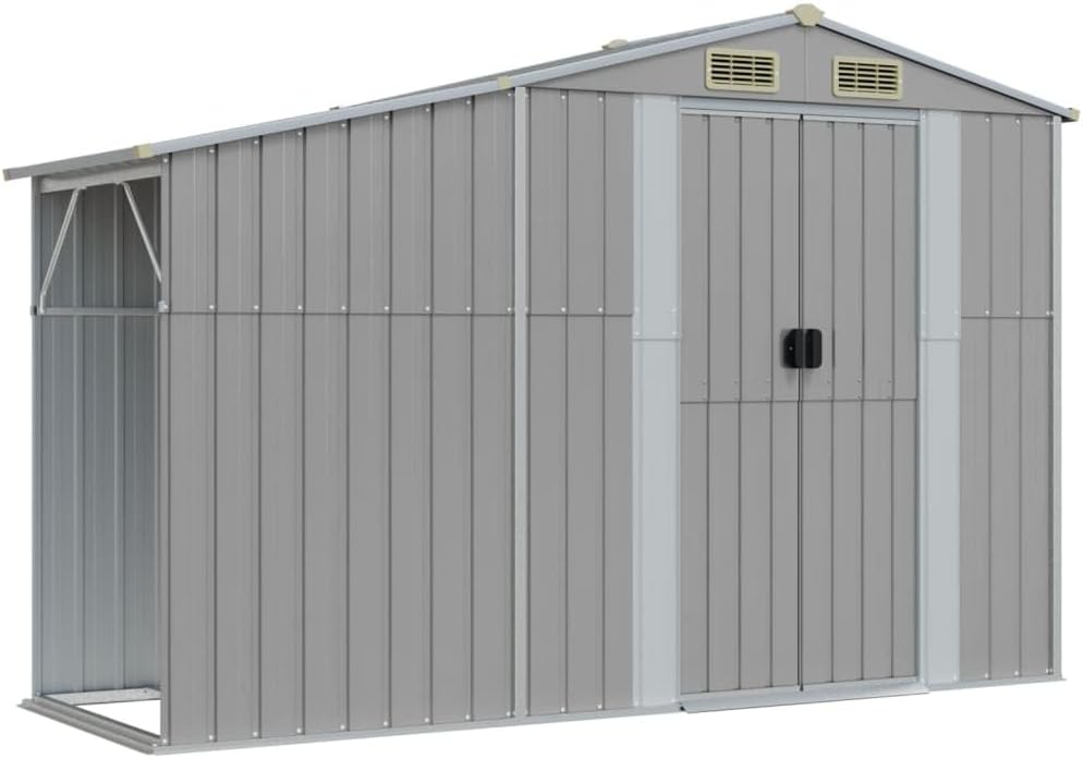Casetta da Giardino in Metallo, Casetta Attrezzi da Giardino in Acciaio, Capanno da Giardino con Tetto Inclinato e Portalegna da Ardere, Grigio 277x93x179 cm
