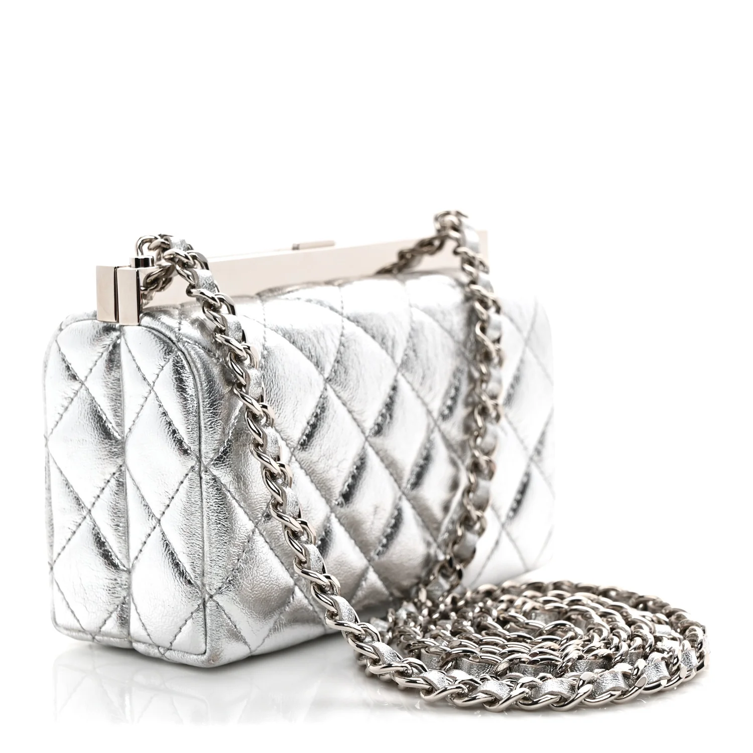 Metallic Calfskin Quilted Box Crossbody Silver - Top Club
