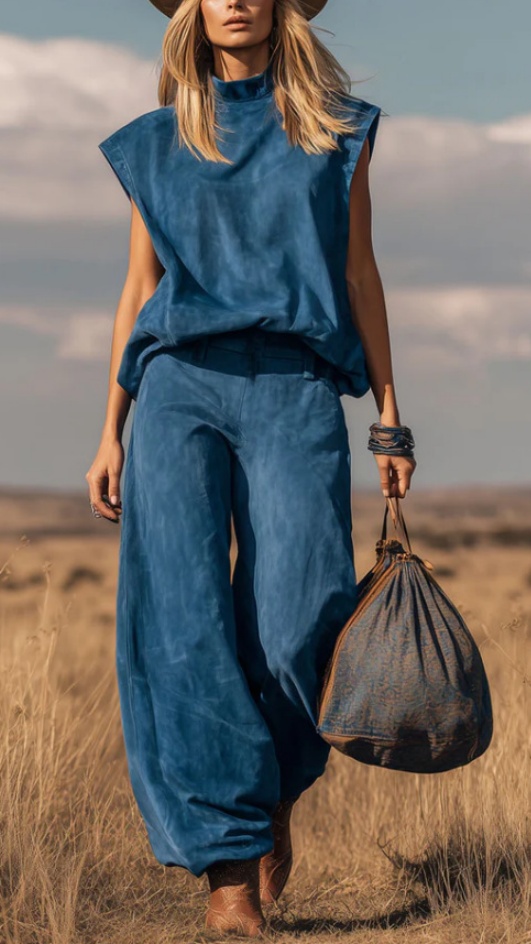 Women's Western-Style Sleeveless Suede Set — Wide-Leg with Tapered Hem - Nordfashionstorm - Women's Clothing, Fashion for You - Nordfashionstorm.com