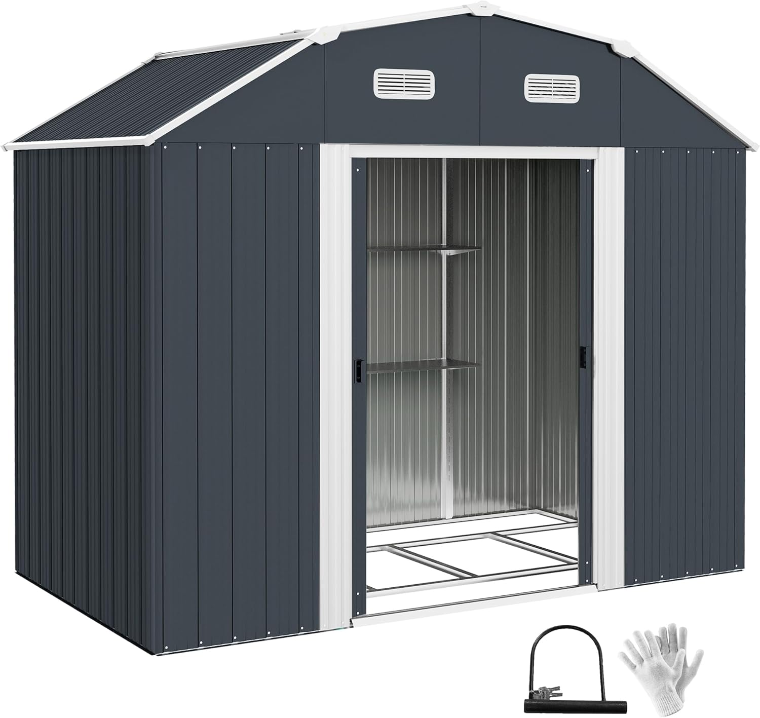 Outsunny Casetta da Giardino 2.7m² in Acciaio Zincato con Ripiani Regolabili, Prese d'Aria, Capanno da Giardino con Lucchetto, Tetto Inclinato, Doppie Porte Scorrevoli Bloccabili, Grigio Scuro