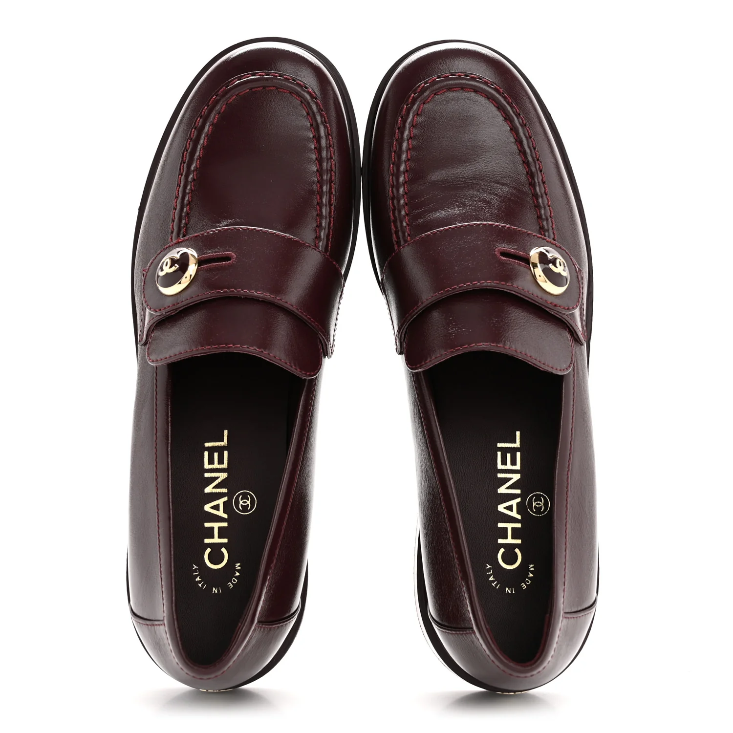 Shiny Calfskin CC Mocassin Loafers 39 Burgundy - Top Club