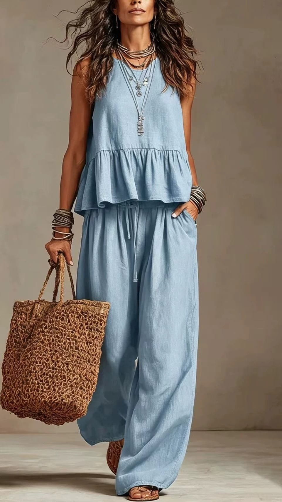 Women's Cotton-Linen Two-Piece Set: Ruffled Sleeveless Top & Wide-Leg Pants - Nordfashionstorm - Women's Clothing, Fashion for You - Nordfashionstorm.com