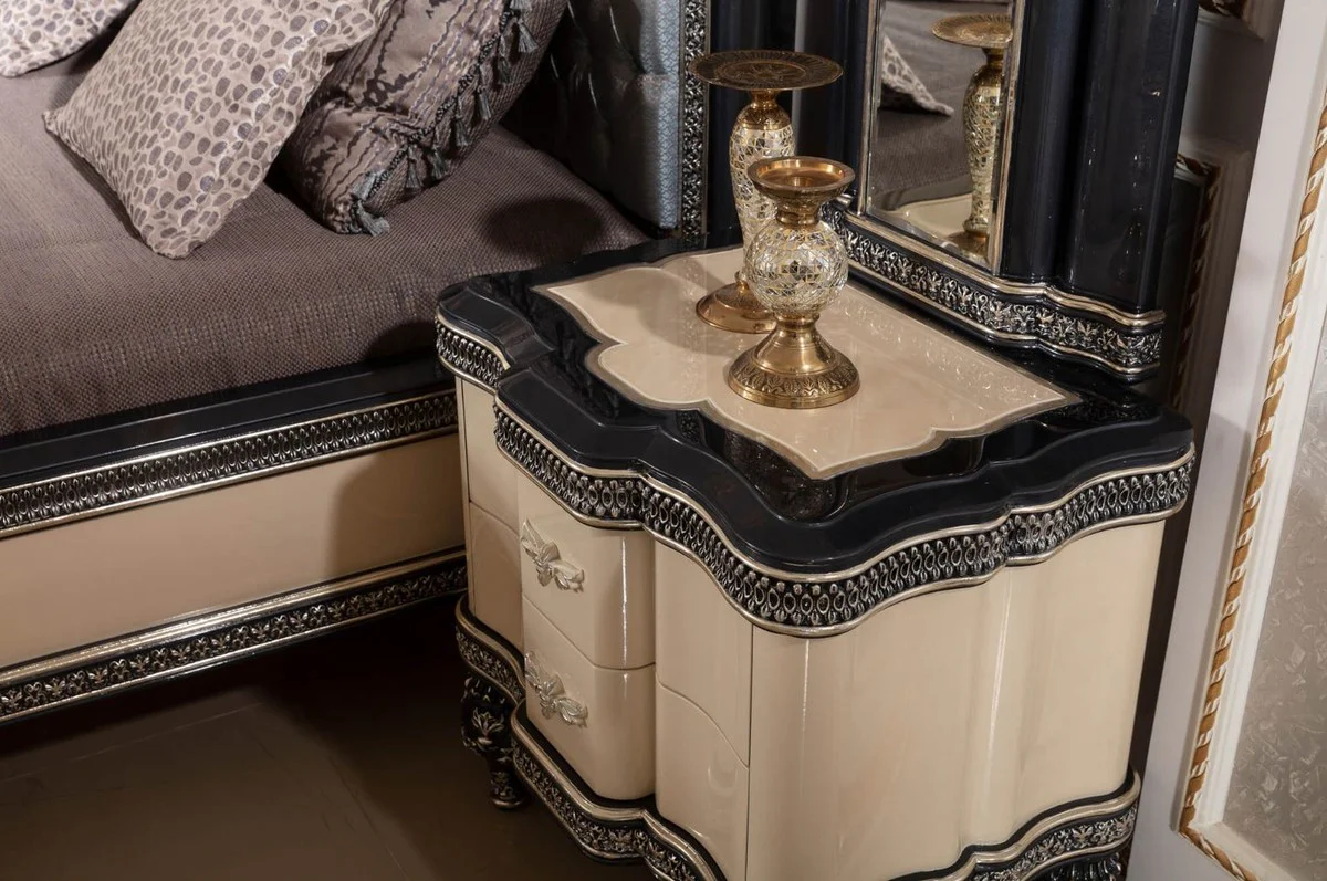Luxury Baroque Bedroom Set Light Blue / Beige / Black / Gold - 1 Baroque Double Bed with Headboard & 2 Baroque Nightstands - Luxury Bedroom Furniture in Baroque Style - Baroque Interior