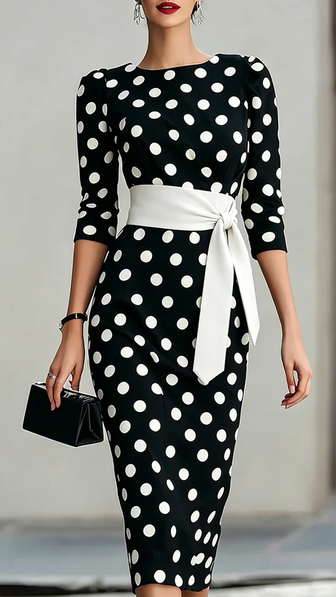 Women's Cotton‑blend Black‑white Polka‑dot Boat‑neck Mid‑sleeve Tie‑waist Bodycon Midi Dress - Nordfashionstorm - Women's Clothing, Fashion for You - Nordfashionstorm.com