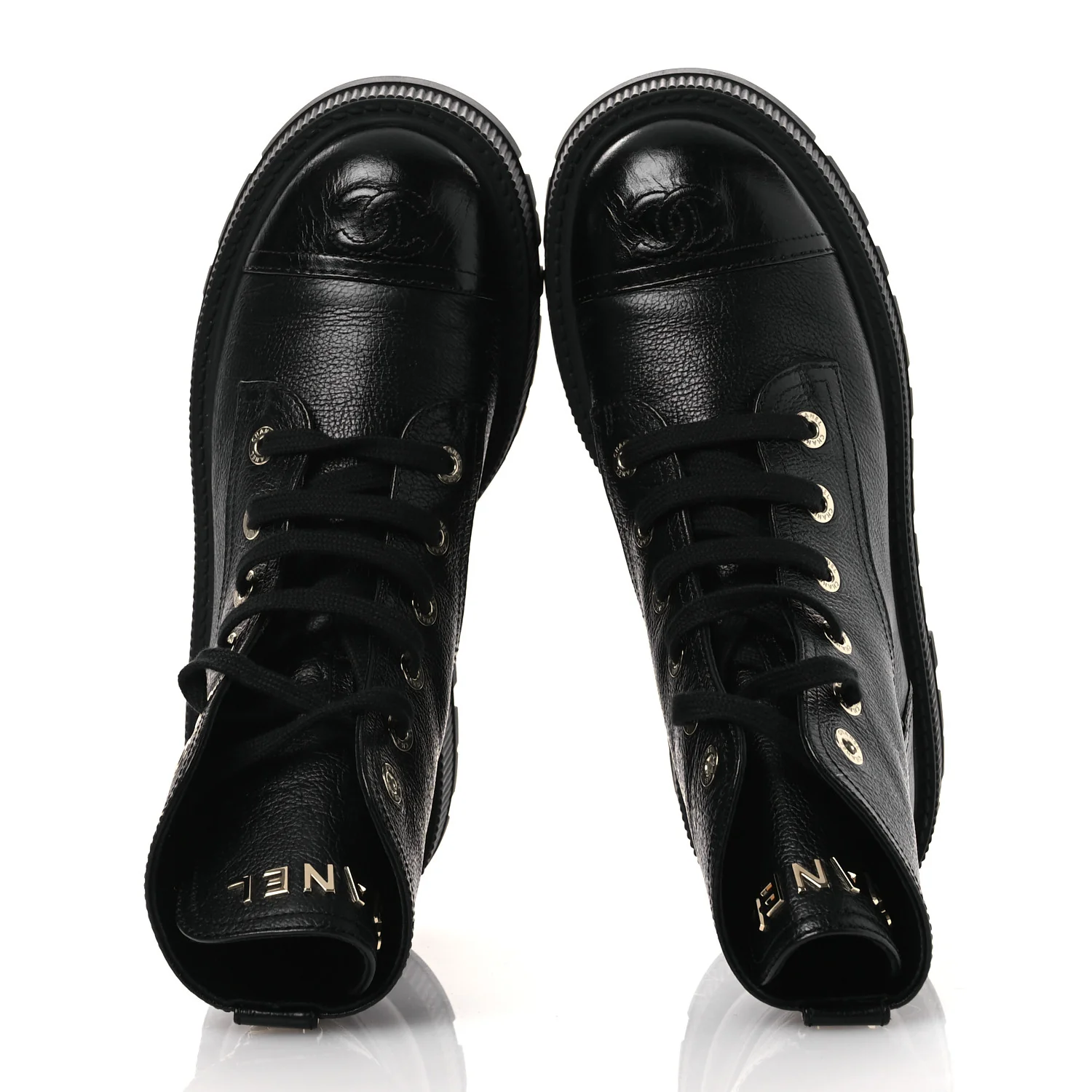Grained Calfskin Shiny Calfskin CC Lace Up Combat Boots 38.5 Black