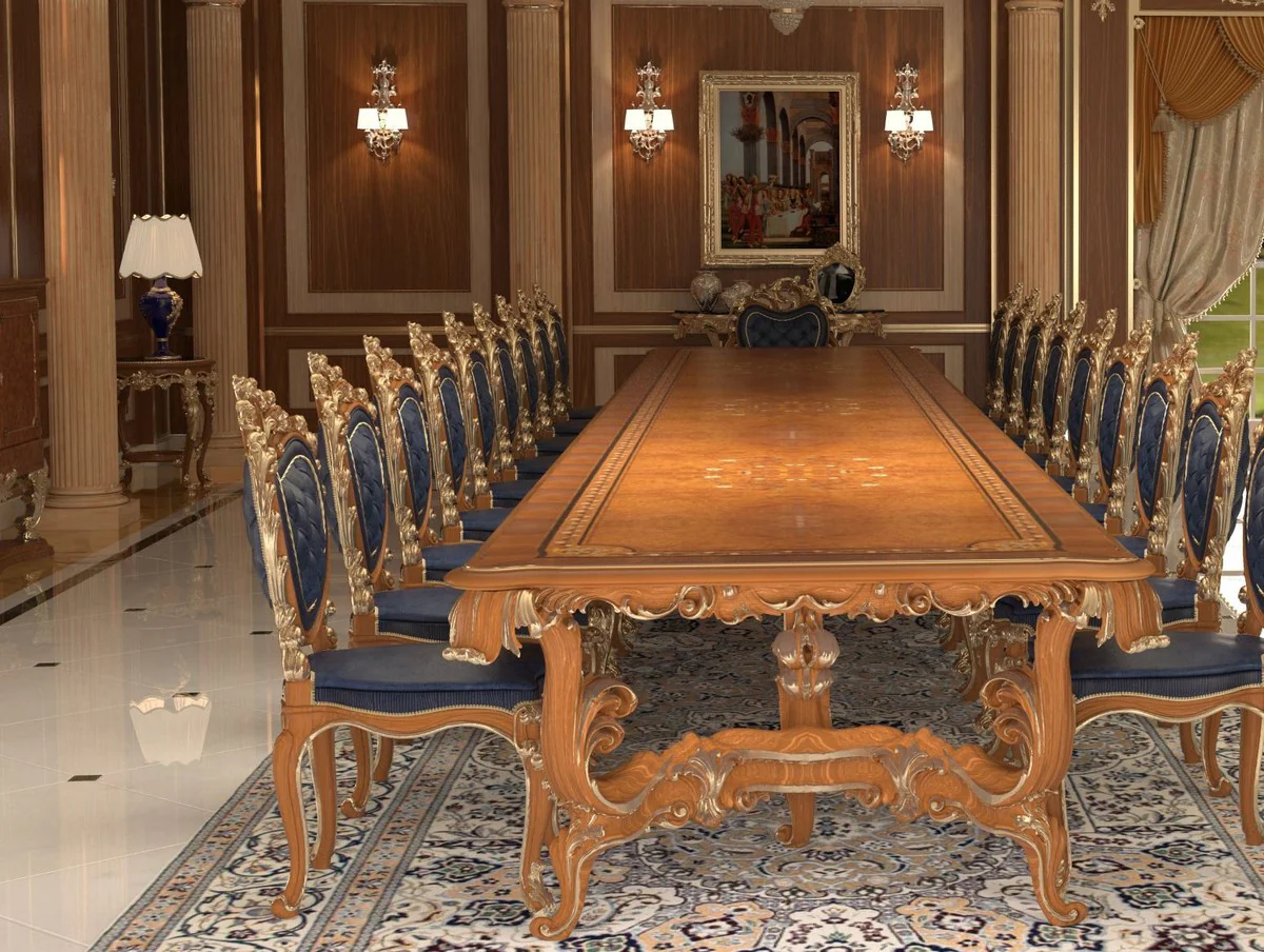 Luxury Baroque Dining Room Chair Set Dark Blue / Brown / Gold 57 x 62 x H. 105 cm - Magnificent Kitchen Chairs Set of 6 - Hotel Restaurant Castle Furniture - Luxury Quality - Made in Italy