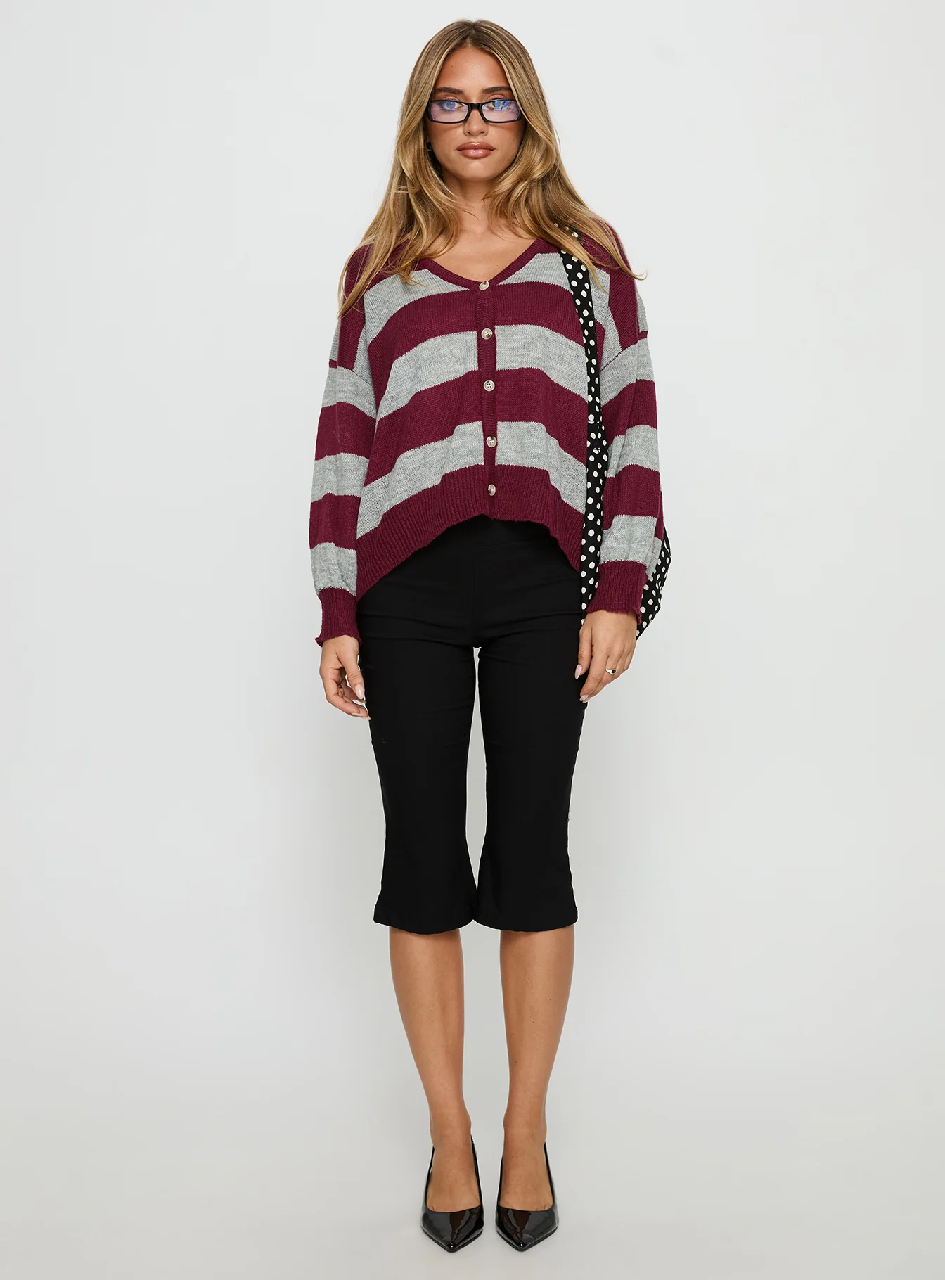 Devvon V Neck Knit Cardigan Red Stripe