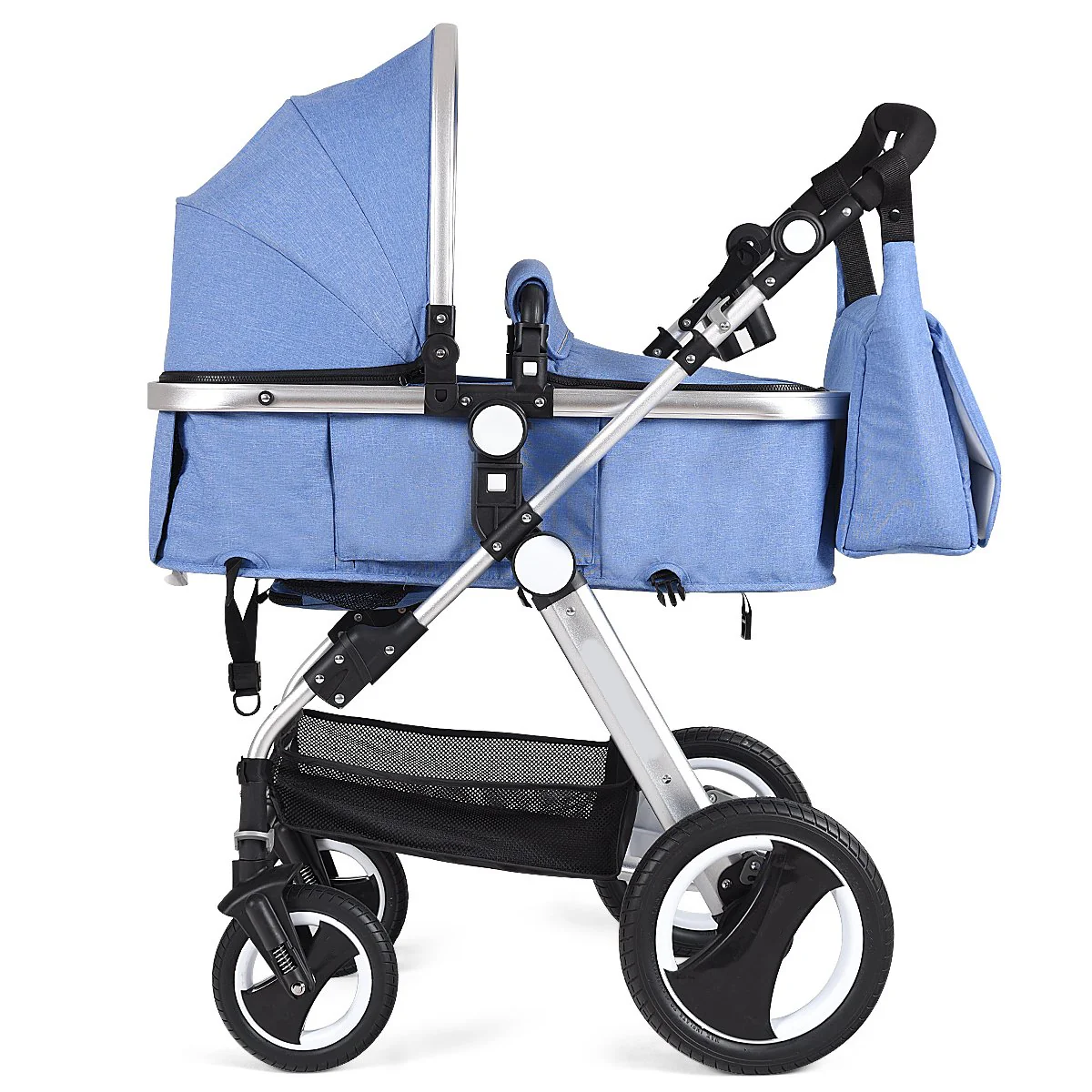 Newborn Stroller, 2 in 1 Portrait Stroller and Convertible Bassinet, Adjustable Backrest and Canopy, Cup Holder, Storage Basket, Foldable Stroller with Foot Cover (Blue)