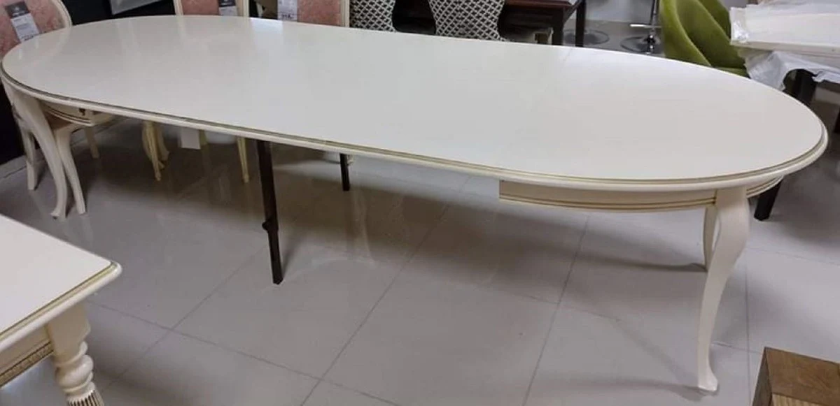 Luxury Art Nouveau dining table cream / gold 160-360 x 110 x H. 78 cm - Oval extendable solid wood dining room table - Baroque & Art Nouveau dining room furniture
