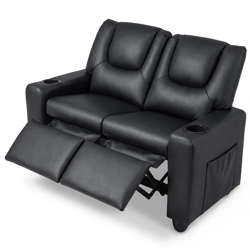 2-Seater Kids Recliner, PU Leather Reclining Loveseat with Cup Holders & 2 Side Storage Pockets, Adjustable Double Toddler Sofa for Boys Girls