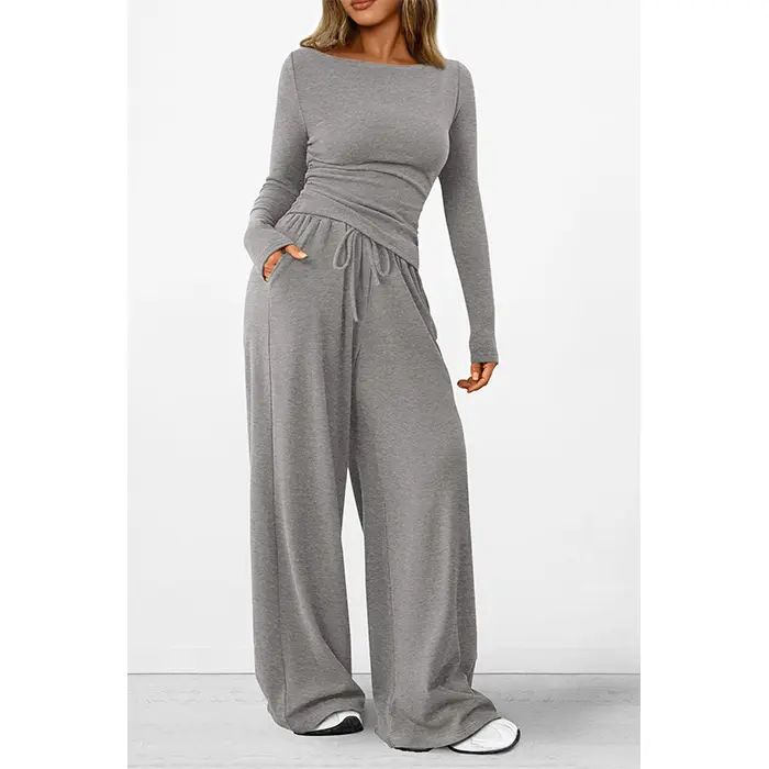 PRETTYGARDEN Women's 2-Piece Lounge Set Asymmetrical Long Sleeve T-Shirt & Wide Leg Pants Casual Fitted Tracksuit Loungewear Basic Minimalist Clothing with Drawstring & Pockets