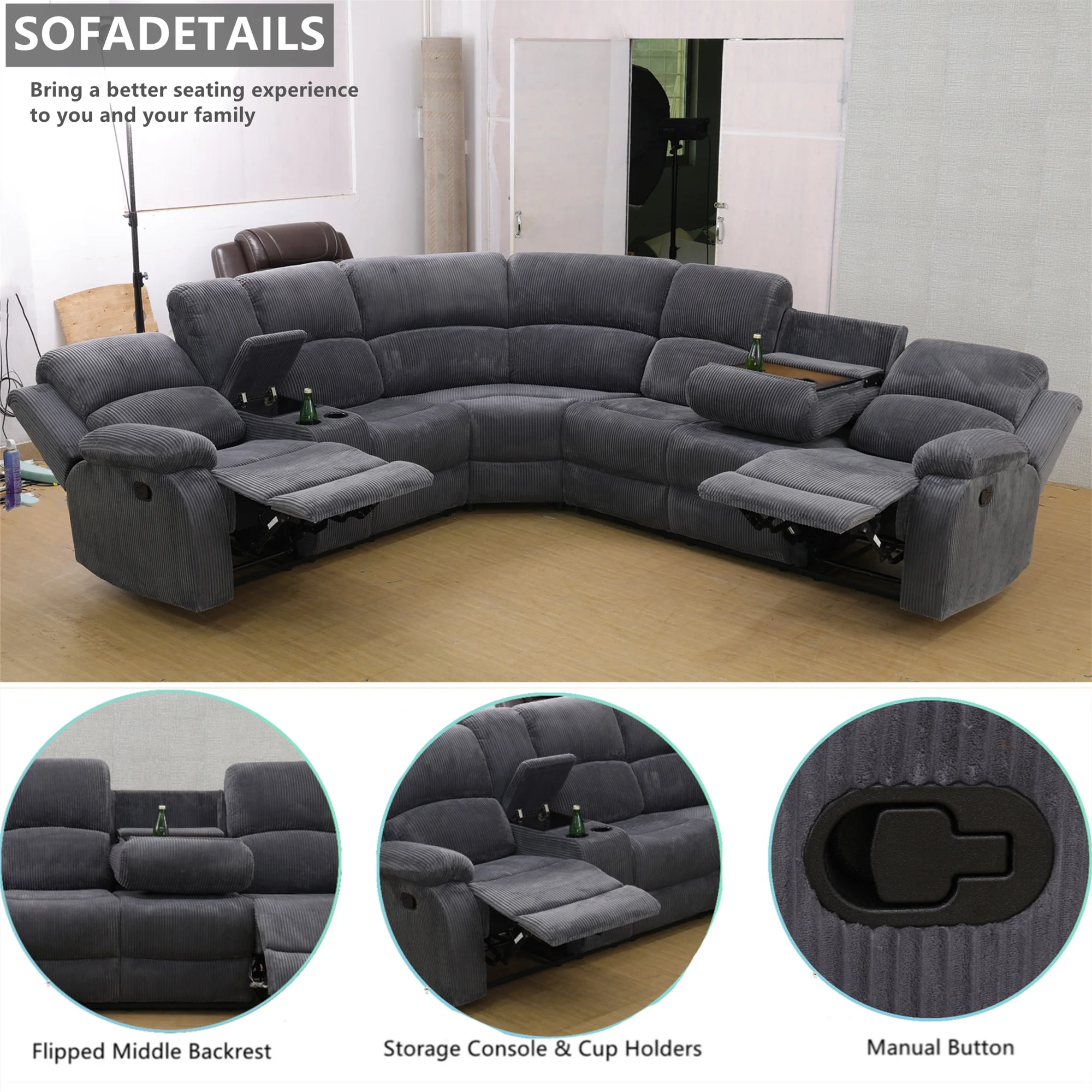 Aukfa 3 - Piece Recliner Sofa Set, 6 Seat Sectional Couch with Cup Holders&Storage Console, Gray